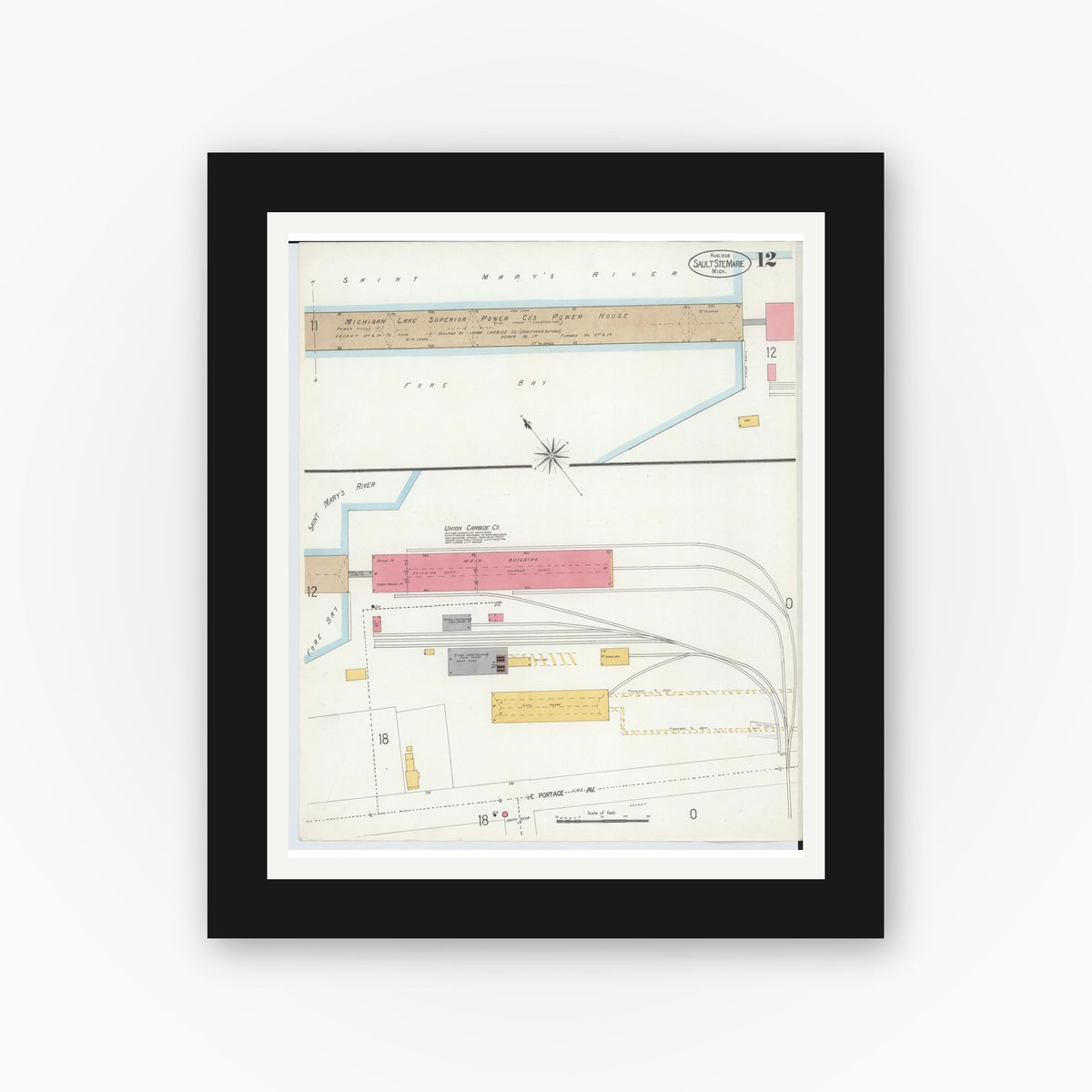 Old map wall art mockup — black gallery frame with white mat — Sanborn Fire Insurance Map from Sault Sainte Marie, Chippewa County, Michigan (1906), Sheet #0012