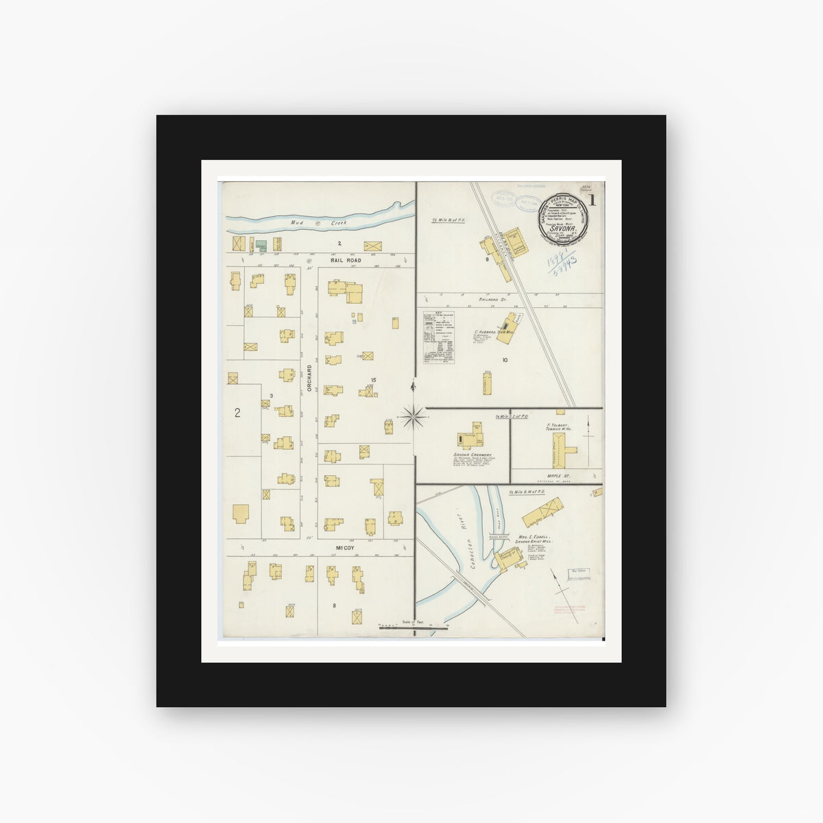 Old map wall art mockup — black gallery frame with white mat — Sanborn Fire Insurance Map from Savona, Steuben County, New York (1898) - Complete Map Set
