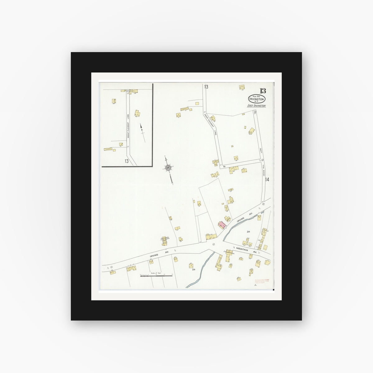 Old map wall art mockup — black gallery frame with white mat — Sanborn Fire Insurance Map from Irvington, Westchester County, New York (1912), Sheet #0013