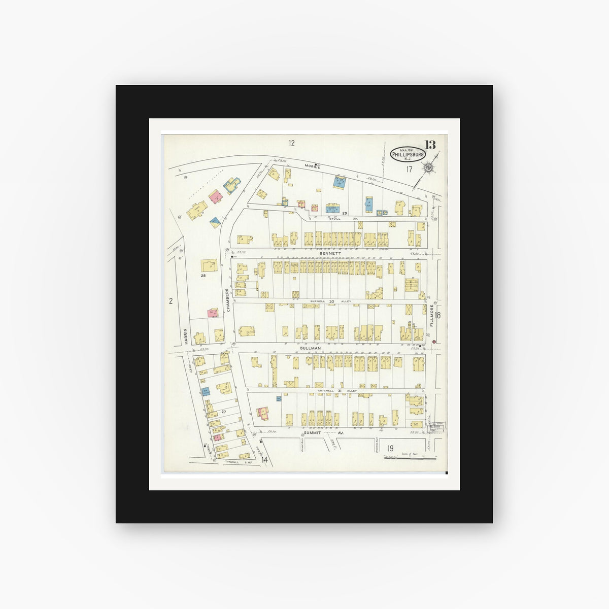 Old map wall art mockup — black gallery frame with white mat — Sanborn Fire Insurance Map from Phillipsburg, Warren County, New Jersey (1916), Sheet #0013