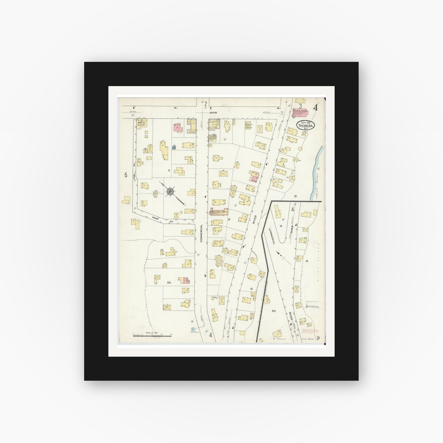Old map wall art mockup — black gallery frame with white mat — Sanborn Fire Insurance Map from Theresa, Jefferson County, New York (1912), Sheet #0004