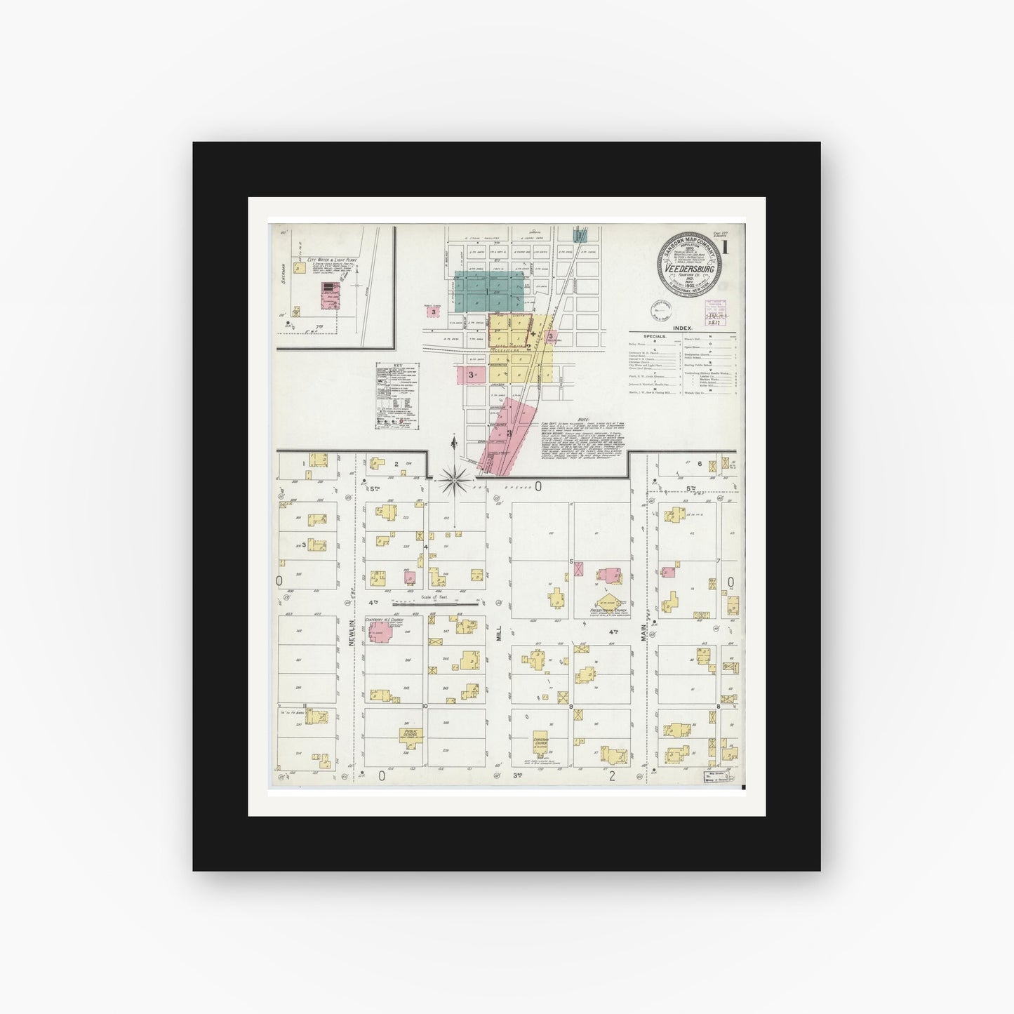 Old map wall art mockup — black gallery frame with white mat — Sanborn Fire Insurance Map from Veedersburg, Fountain County, Indiana (1902) - Complete Map Set