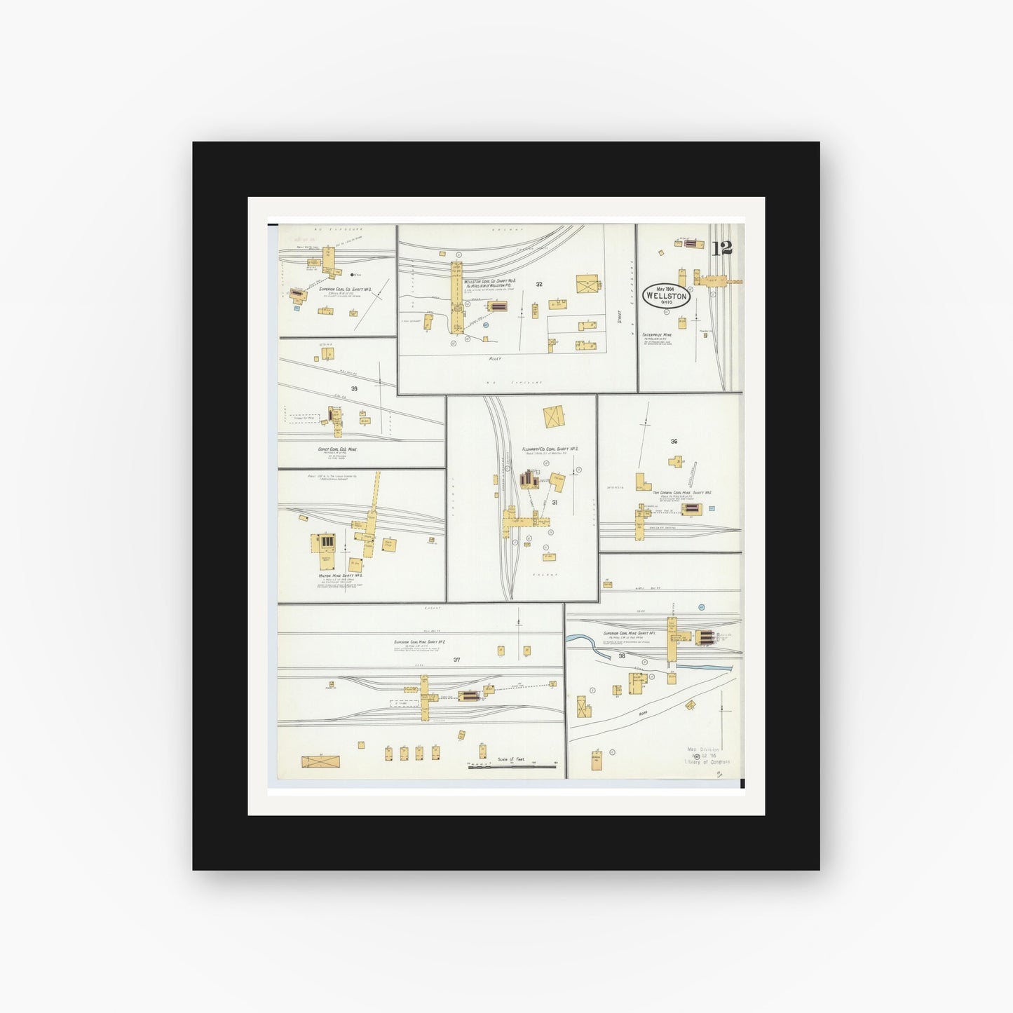 Old map wall art mockup — black gallery frame with white mat — Sanborn Fire Insurance Map from Wellston, Jackson County, Ohio (1904), Sheet #0012