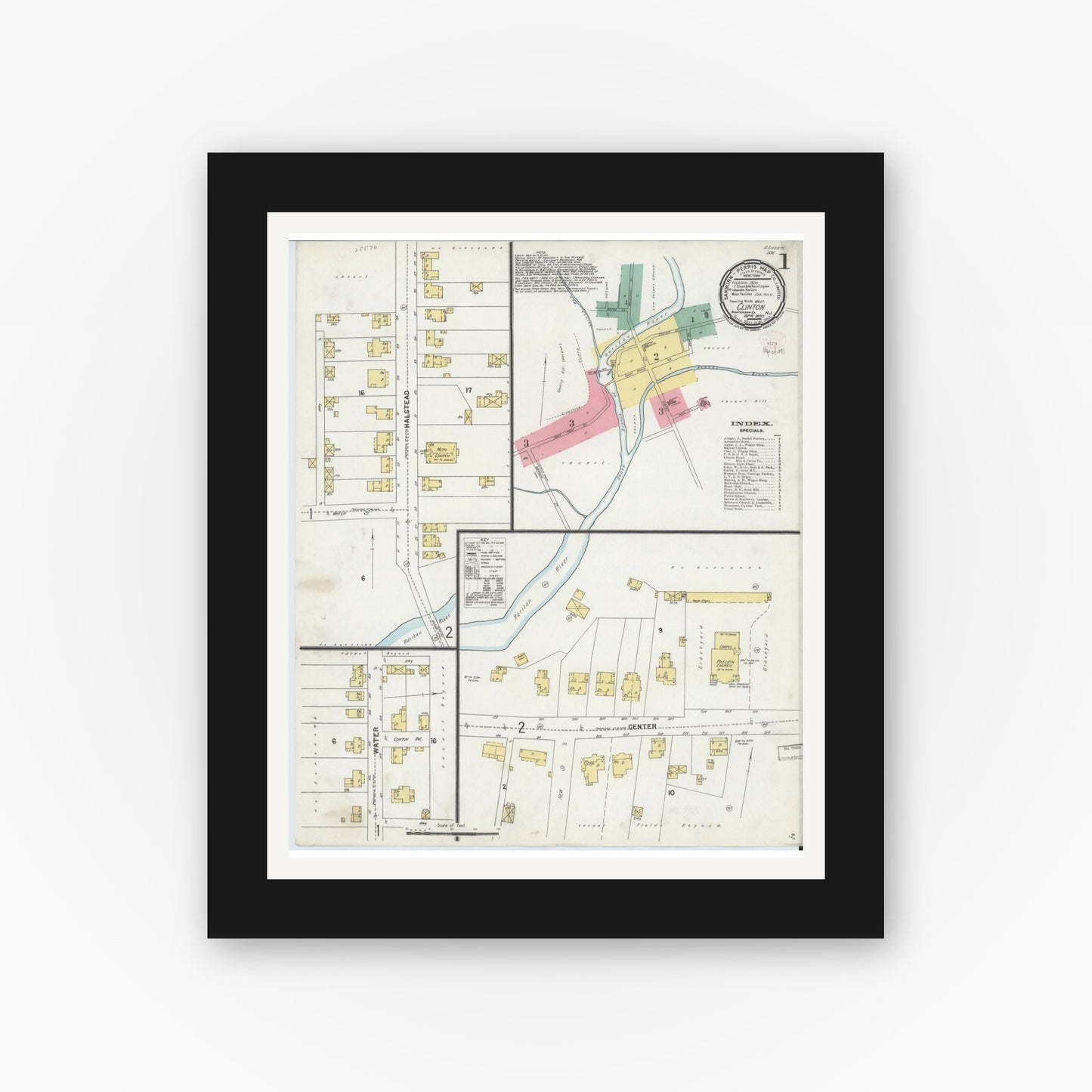 Old map wall art mockup — black gallery frame with white mat — Sanborn Fire Insurance Map from Clinton, Hunterdon County, New Jersey (1897) - Complete Map Set