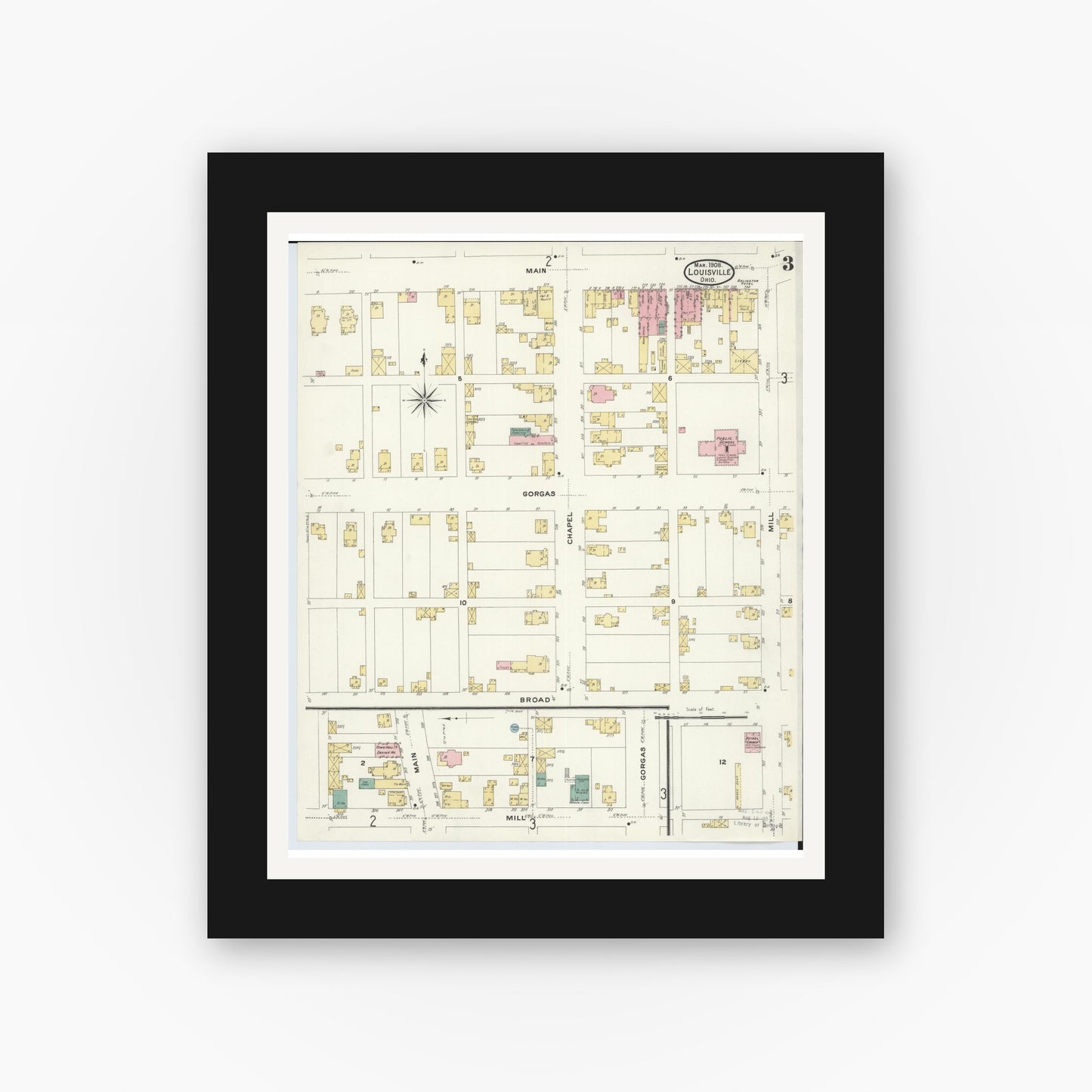 Old map wall art mockup — black gallery frame with white mat — Sanborn Fire Insurance Map from Louisville, Stark County, Ohio (1908), Sheet #0003