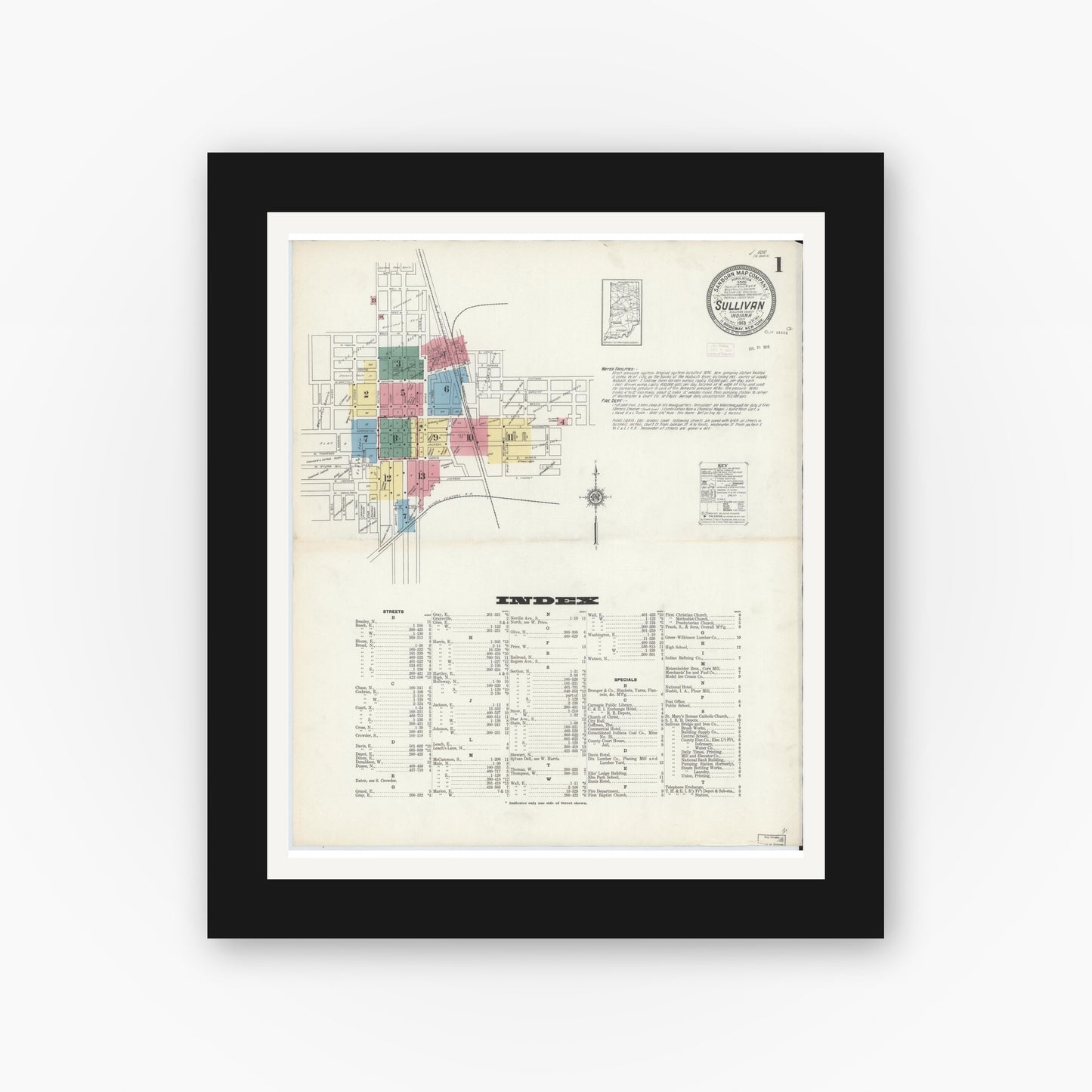 Old map wall art mockup — black gallery frame with white mat — Sanborn Fire Insurance Map from Sullivan, Sullivan County, Indiana (1913) - Complete Map Set