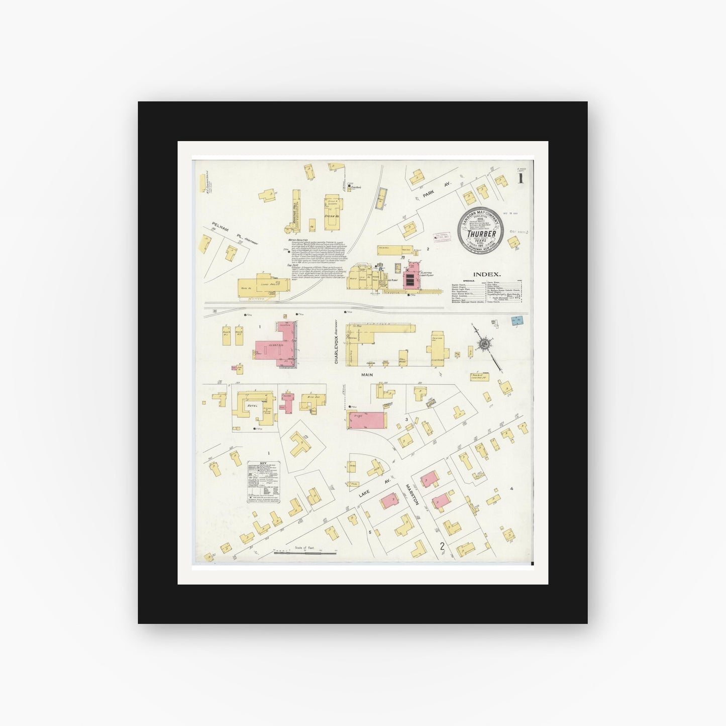 Old map wall art mockup — black gallery frame with white mat — Sanborn Fire Insurance Map from Thurber, Erath County, Texas (1911), Sheet #0001