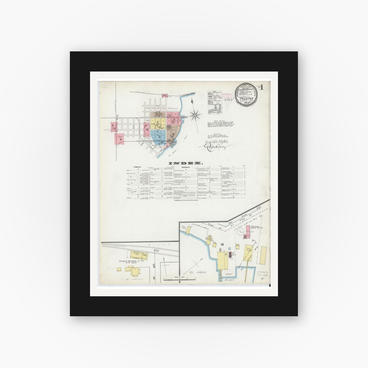 Old map wall art mockup — black gallery frame with white mat — Sanborn Fire Insurance Map from Palatka, Putnam County, Florida (1892), Sheet #0001