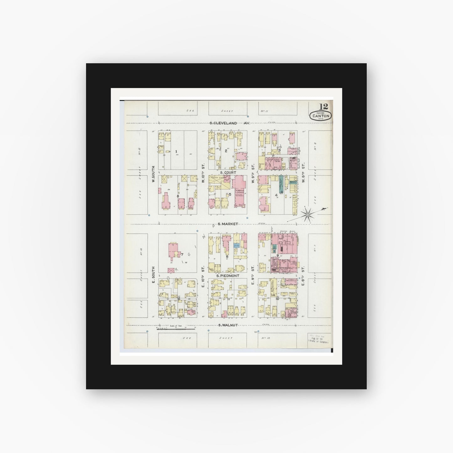 Old map wall art mockup — black gallery frame with white mat — Sanborn Fire Insurance Map from Canton, Stark County, Ohio (1891), Sheet #0012