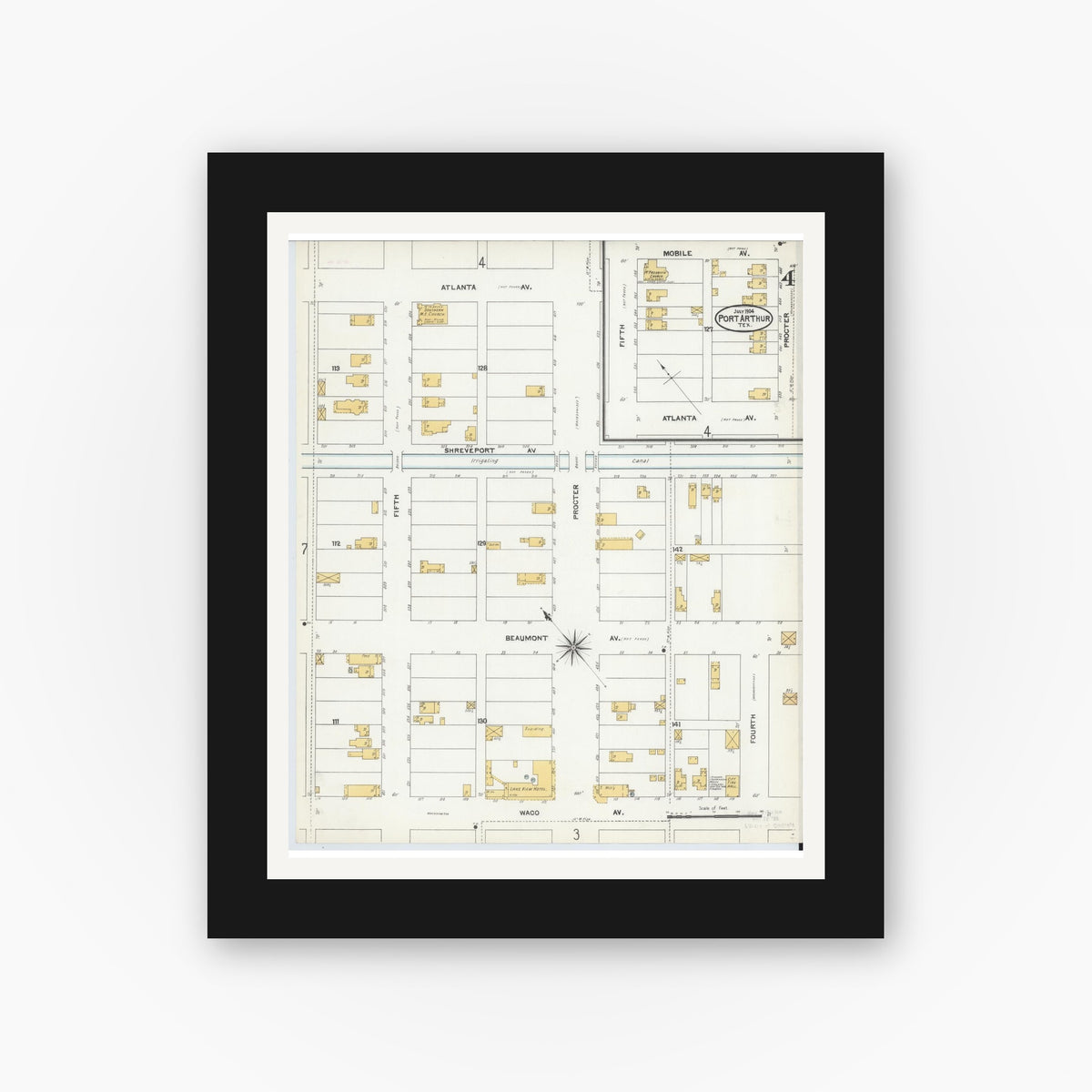 Old map wall art mockup — black gallery frame with white mat — Sanborn Fire Insurance Map from Port Arthur, Jefferson County, Texas (1904), Sheet #0004