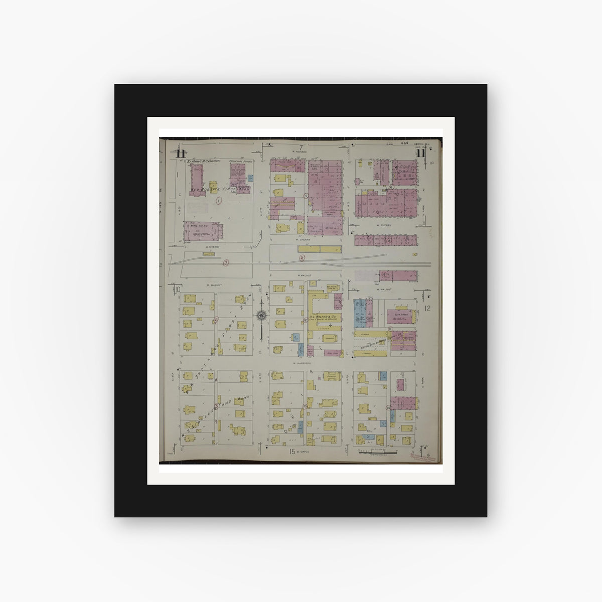 Old map wall art mockup — black gallery frame with white mat — Sanborn Fire Insurance Map from Herrin, Williamson County, Illinois (1947), Sheet #0011