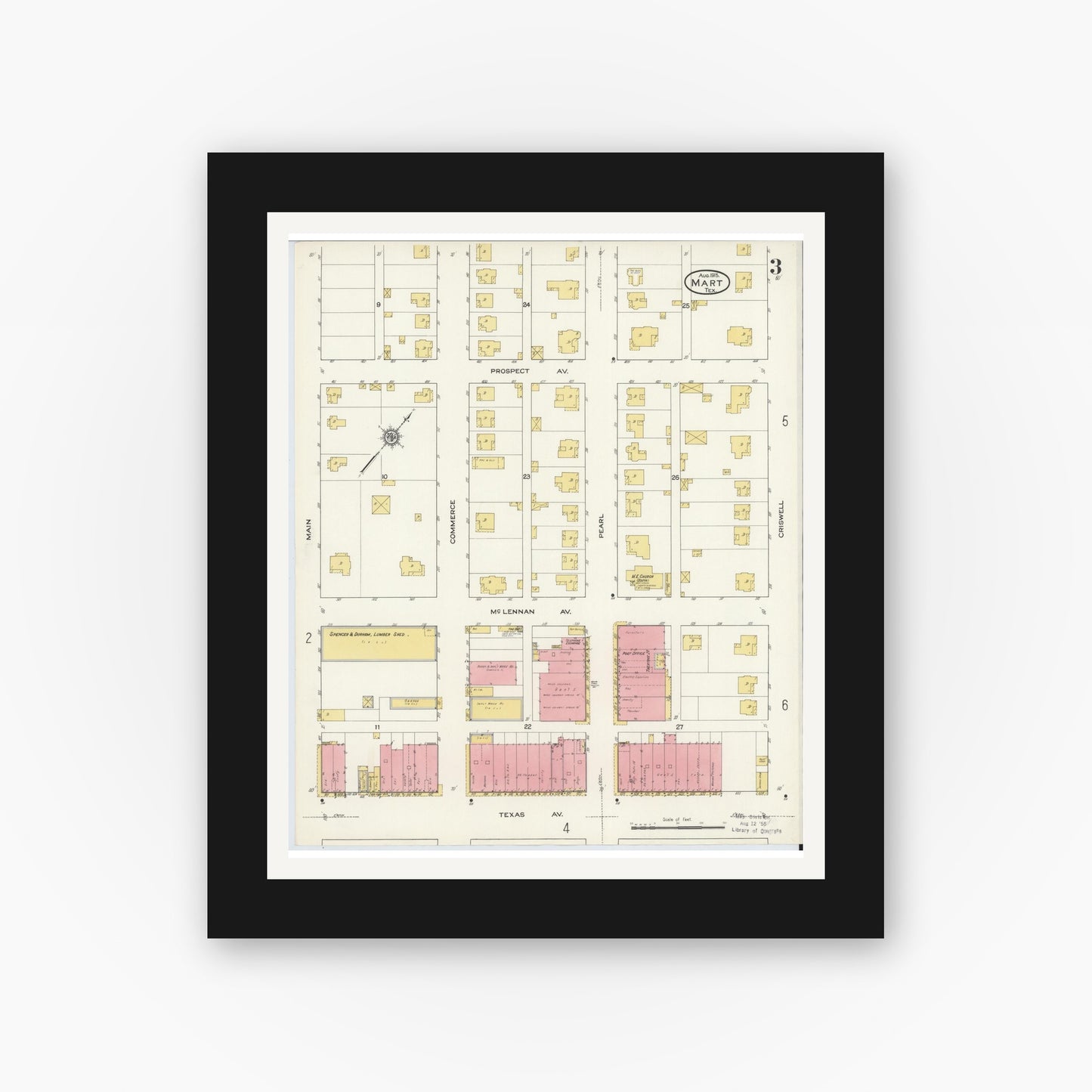 Old map wall art mockup — black gallery frame with white mat — Sanborn Fire Insurance Map from Mart, McLennan County, Texas (1915), Sheet #0003