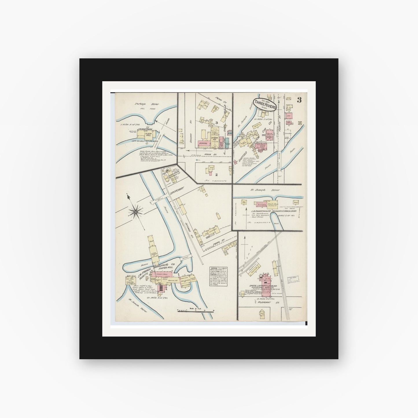 Old map wall art mockup — black gallery frame with white mat — Sanborn Fire Insurance Map from Three Rivers, Saint Joseph County, Michigan (1884), Sheet #0003