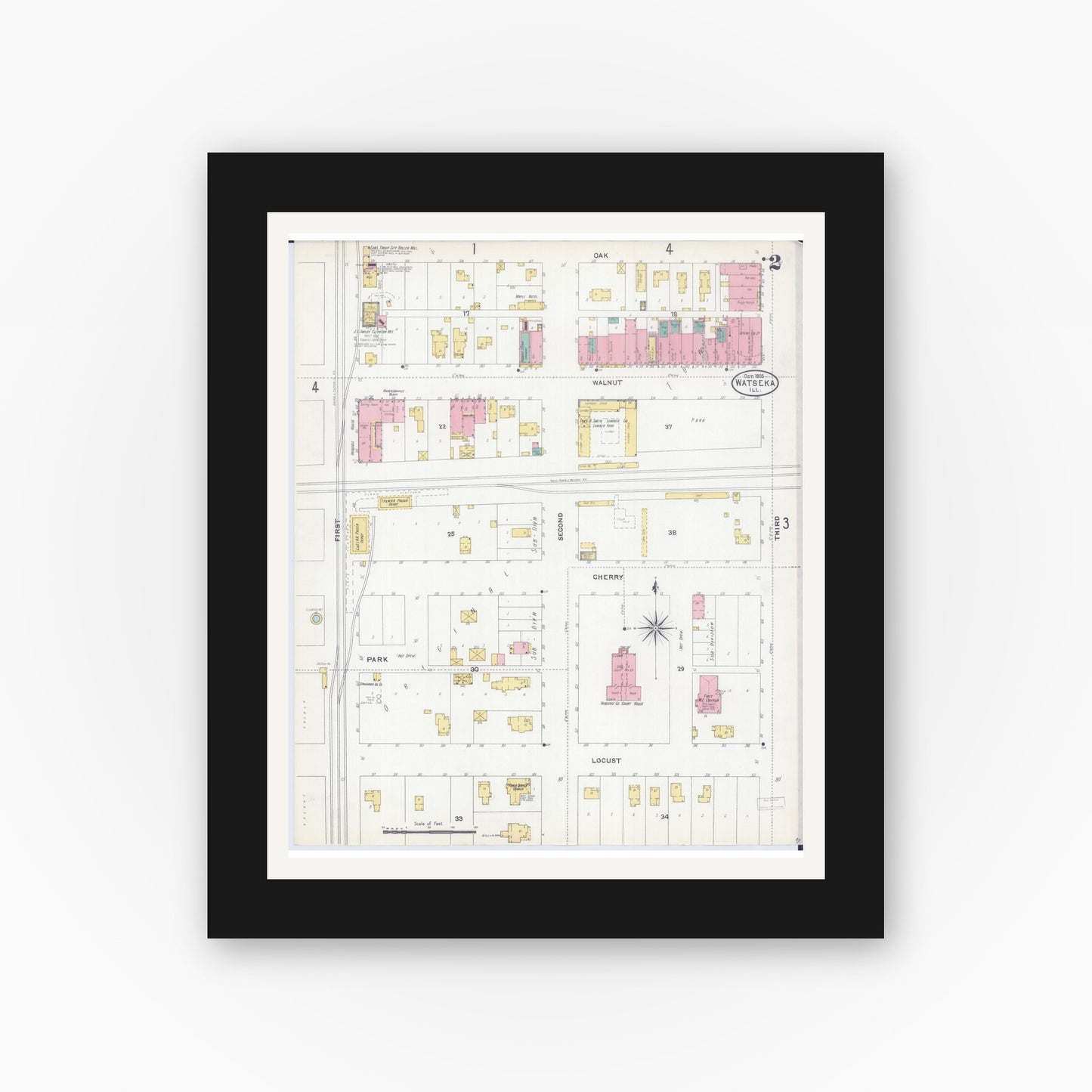 Old map wall art mockup — black gallery frame with white mat — Sanborn Fire Insurance Map from Watseka, Iroquois County, Illinois (1905), Sheet #0002