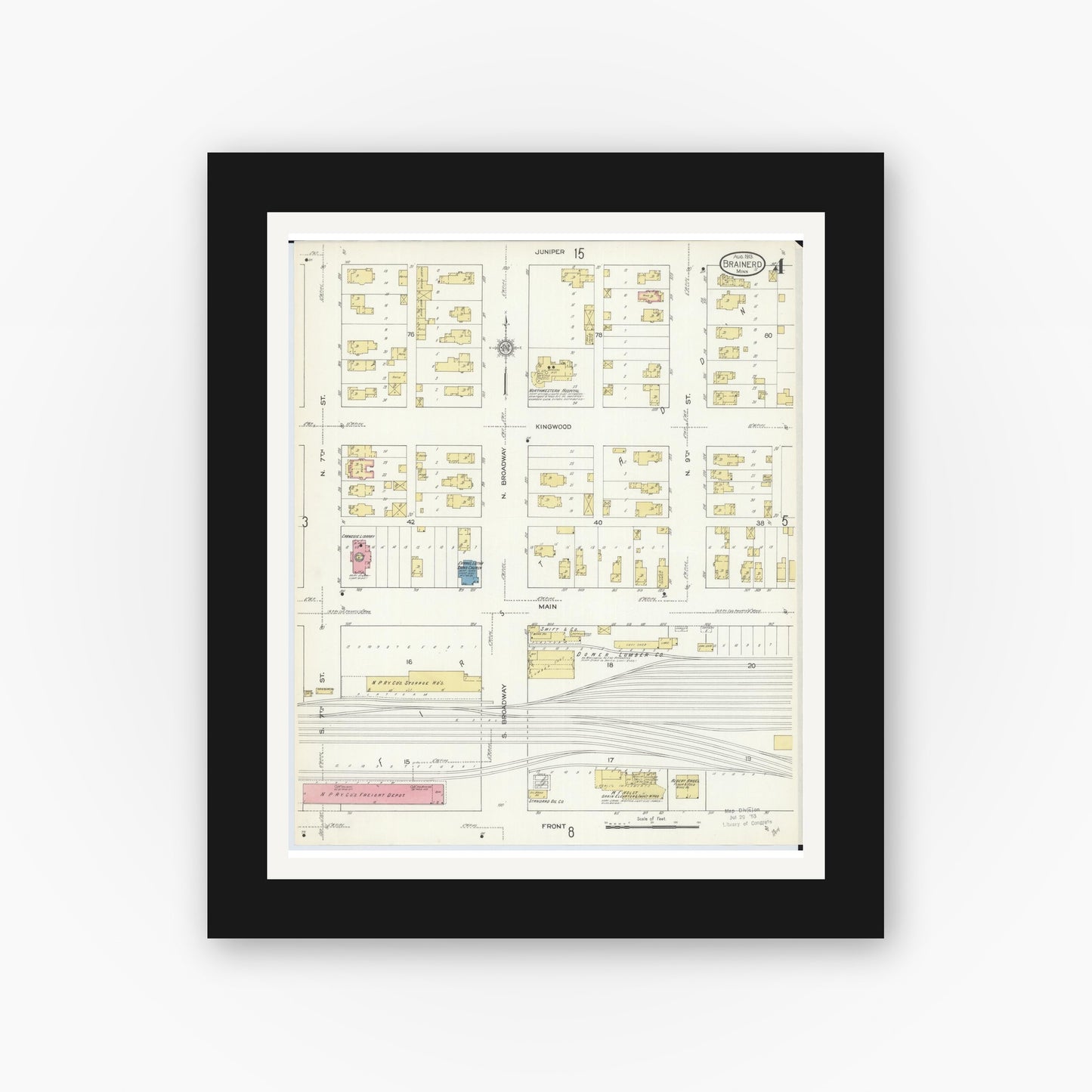 Old map wall art mockup — black gallery frame with white mat — Sanborn Fire Insurance Map from Brainerd, Crow Wing County, Minnesota (1913), Sheet #0004