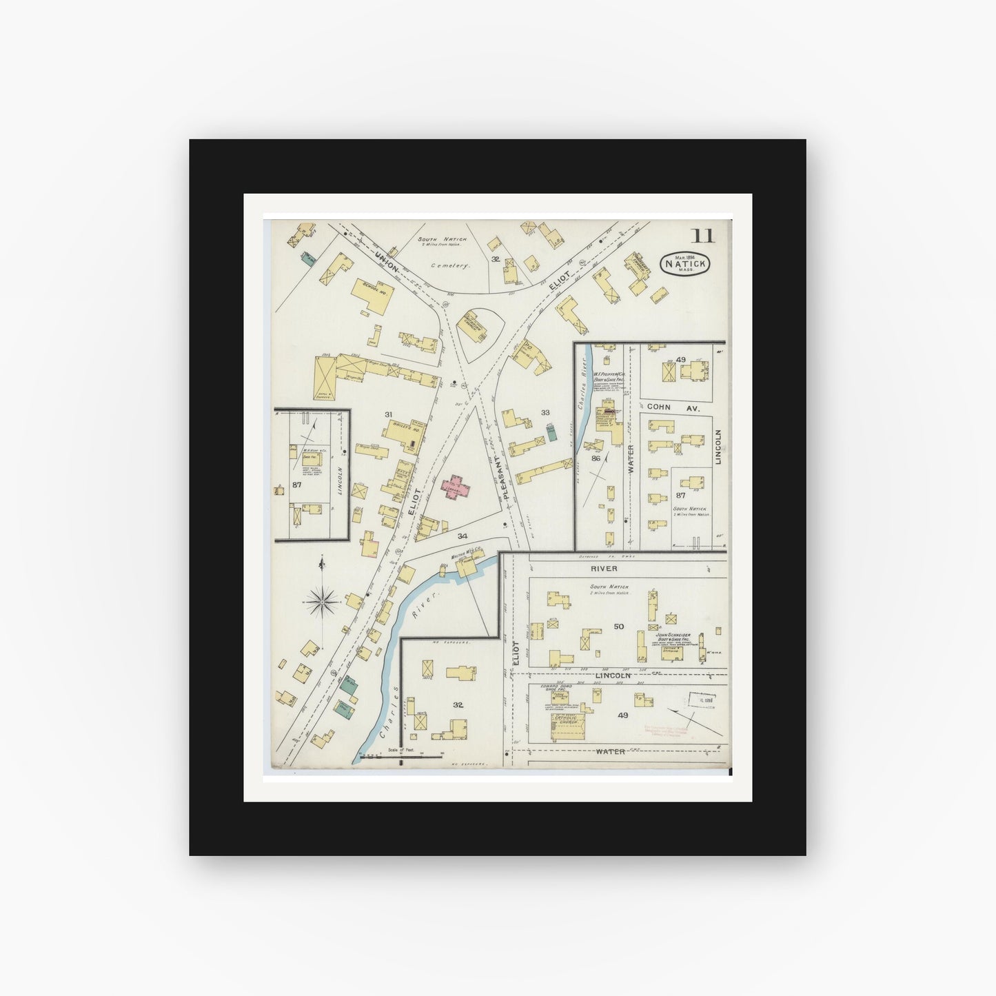 Old map wall art mockup — black gallery frame with white mat — Sanborn Fire Insurance Map from Natick, Middlesex County, Massachusetts (1894), Sheet #0011