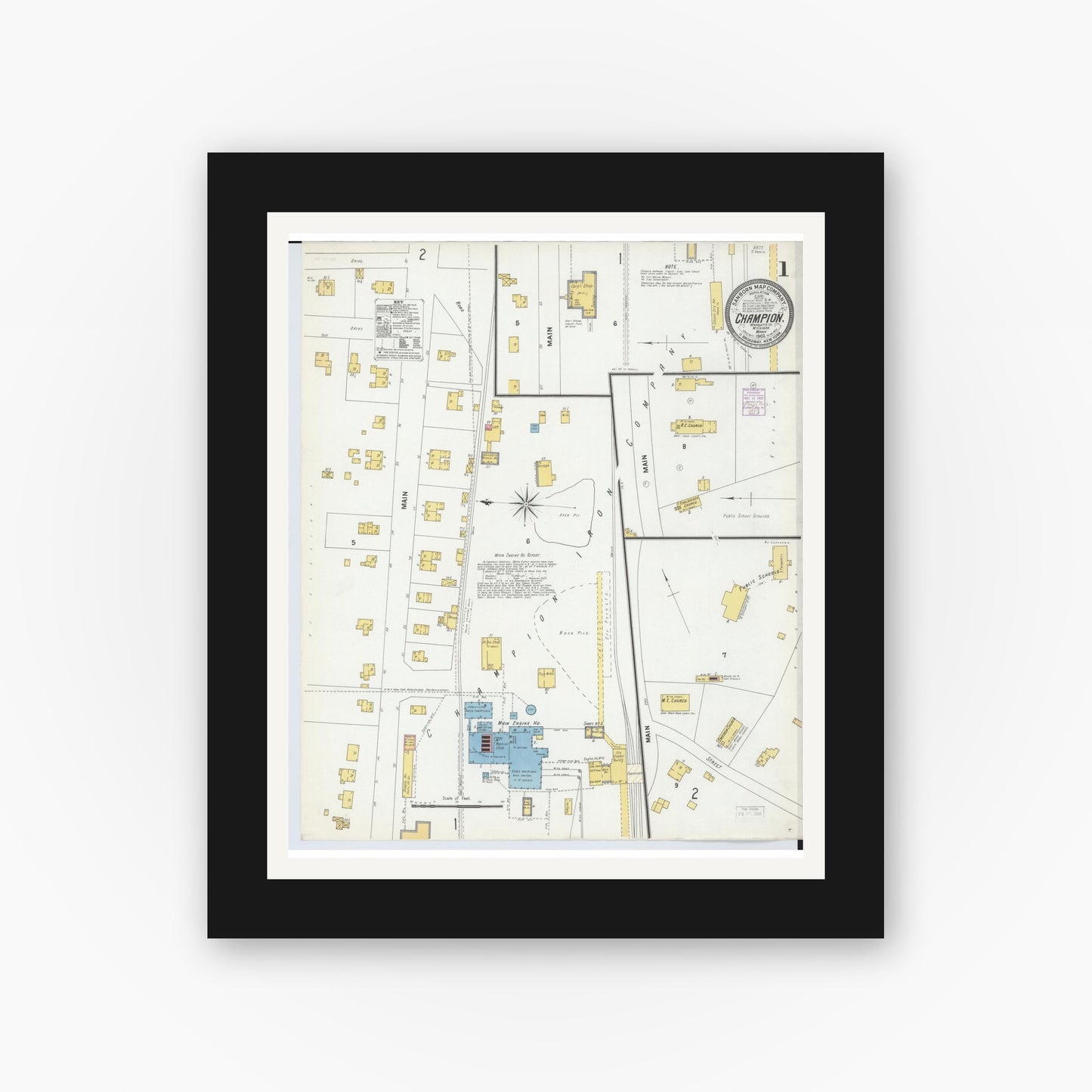 Old map wall art mockup — black gallery frame with white mat — Sanborn Fire Insurance Map from Champion, Marquette County, Michigan (1902) - Complete Map Set