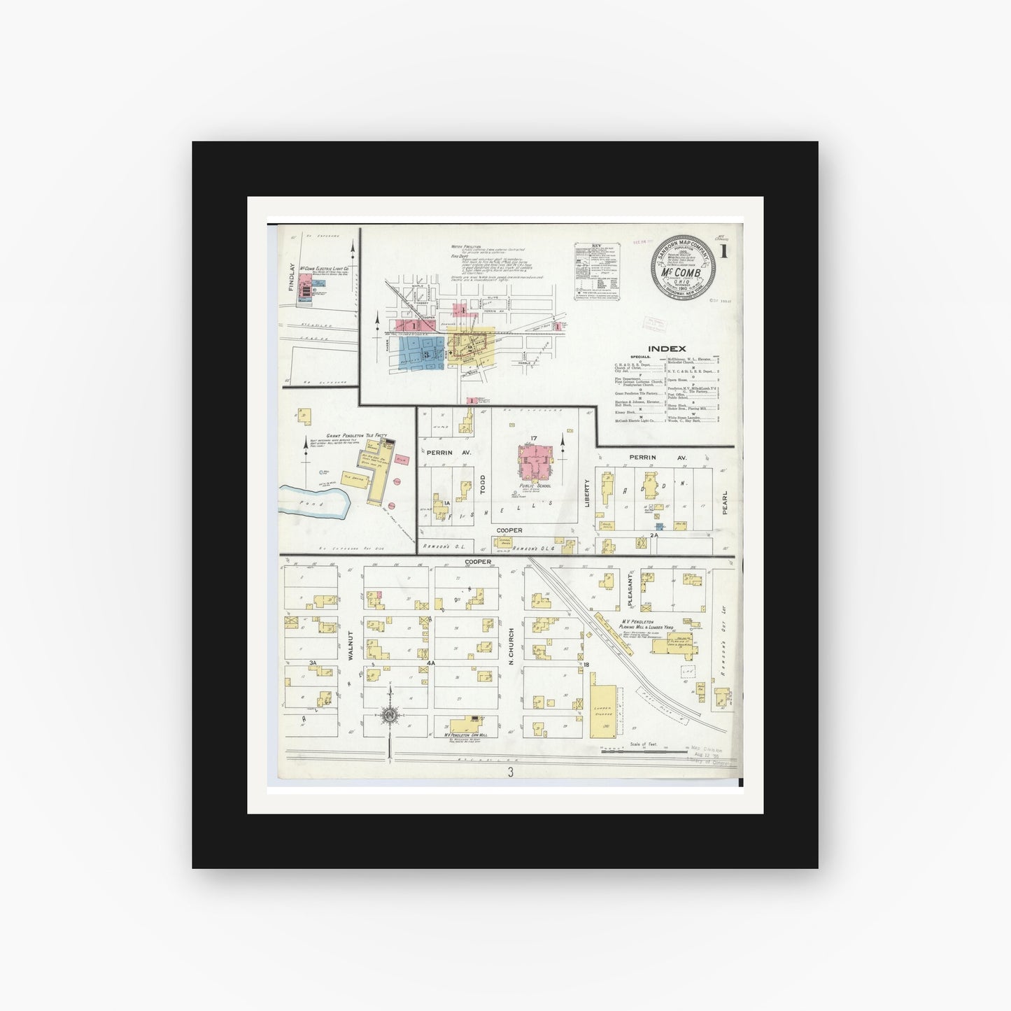 Old map wall art mockup β black gallery frame with white mat β Sanborn Fire Insurance Map from McComb, Hancock County, Ohio (1910) - Complete Map Set