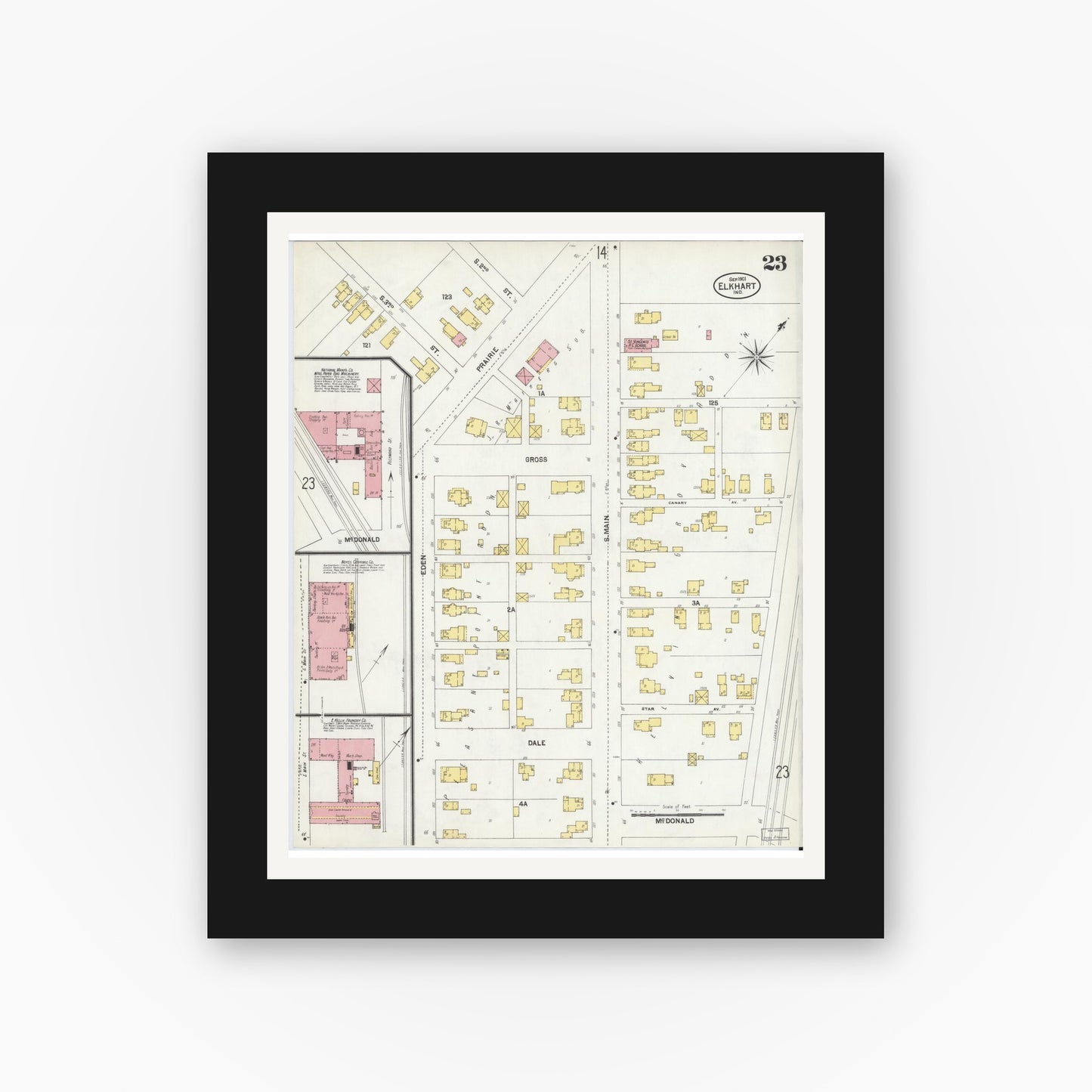 Old map wall art mockup — black gallery frame with white mat — Sanborn Fire Insurance Map from Elkhart, Elkhart County, Indiana (1901), Sheet #0023