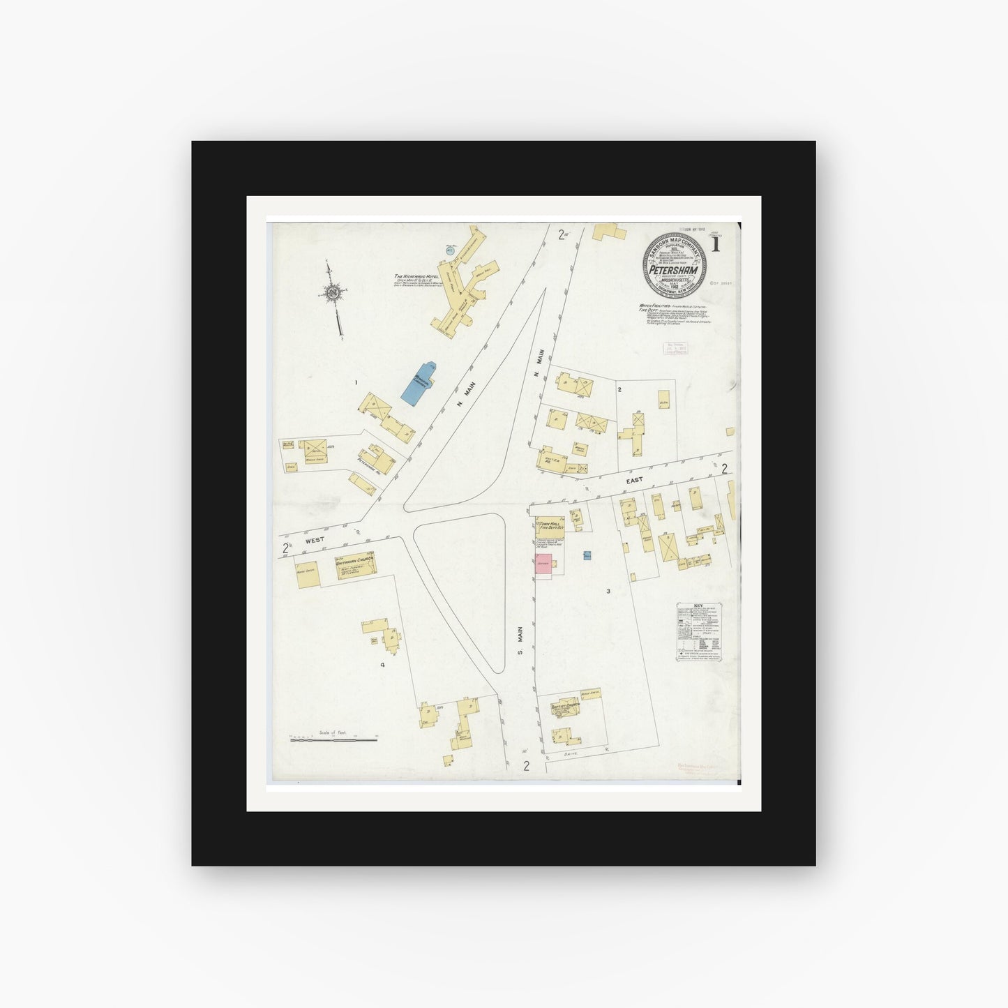 Old map wall art mockup — black gallery frame with white mat — Sanborn Fire Insurance Map from Petersham, Worcester County, Massachusetts (1912) - Complete Map Set