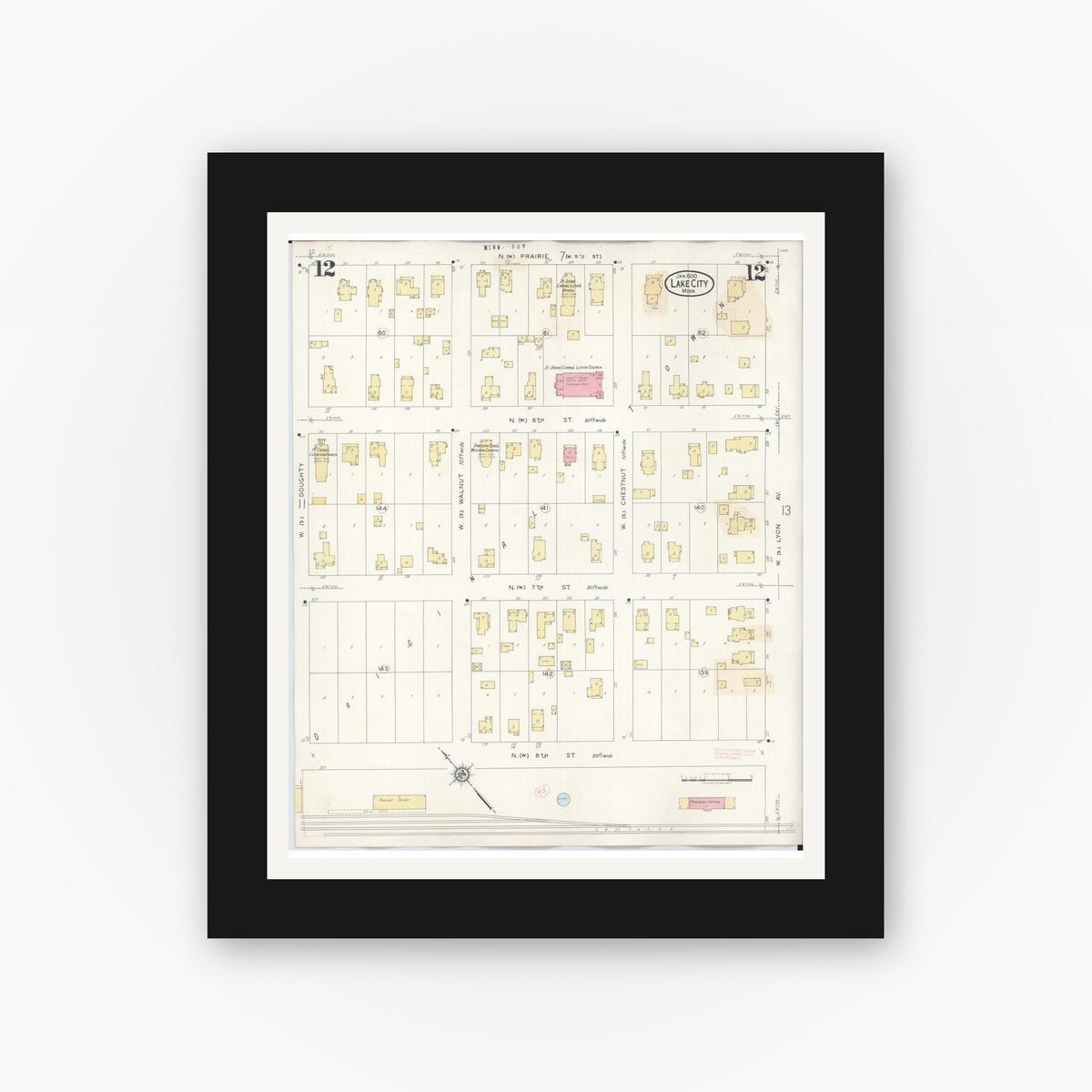 Old map wall art mockup β black gallery frame with white mat β Sanborn Fire Insurance Map from Lake City, Wabasha County, Minnesota (1938), Sheet #0012