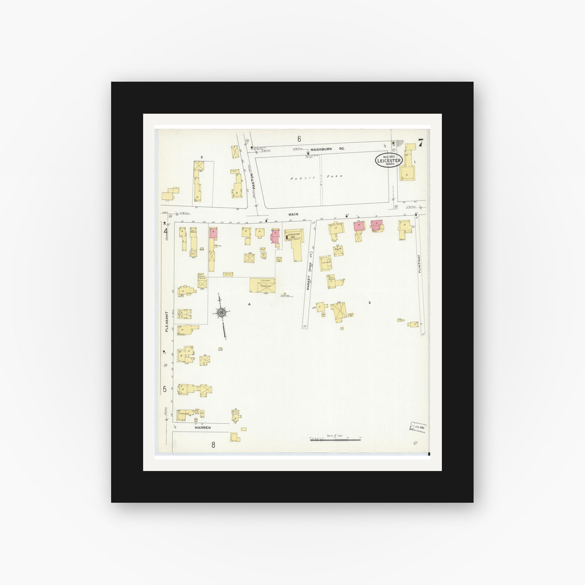 Old map wall art mockup — black gallery frame with white mat — Sanborn Fire Insurance Map from Leicester, Worcester County, Massachusetts (1910), Sheet #0007