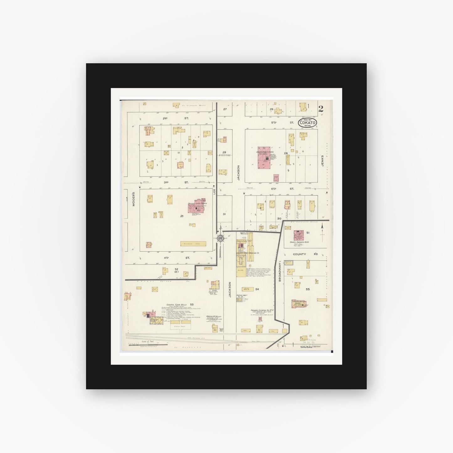 Old map wall art mockup — black gallery frame with white mat — Sanborn Fire Insurance Map from Cokato, Wright County, Minnesota (1917), Sheet #0002