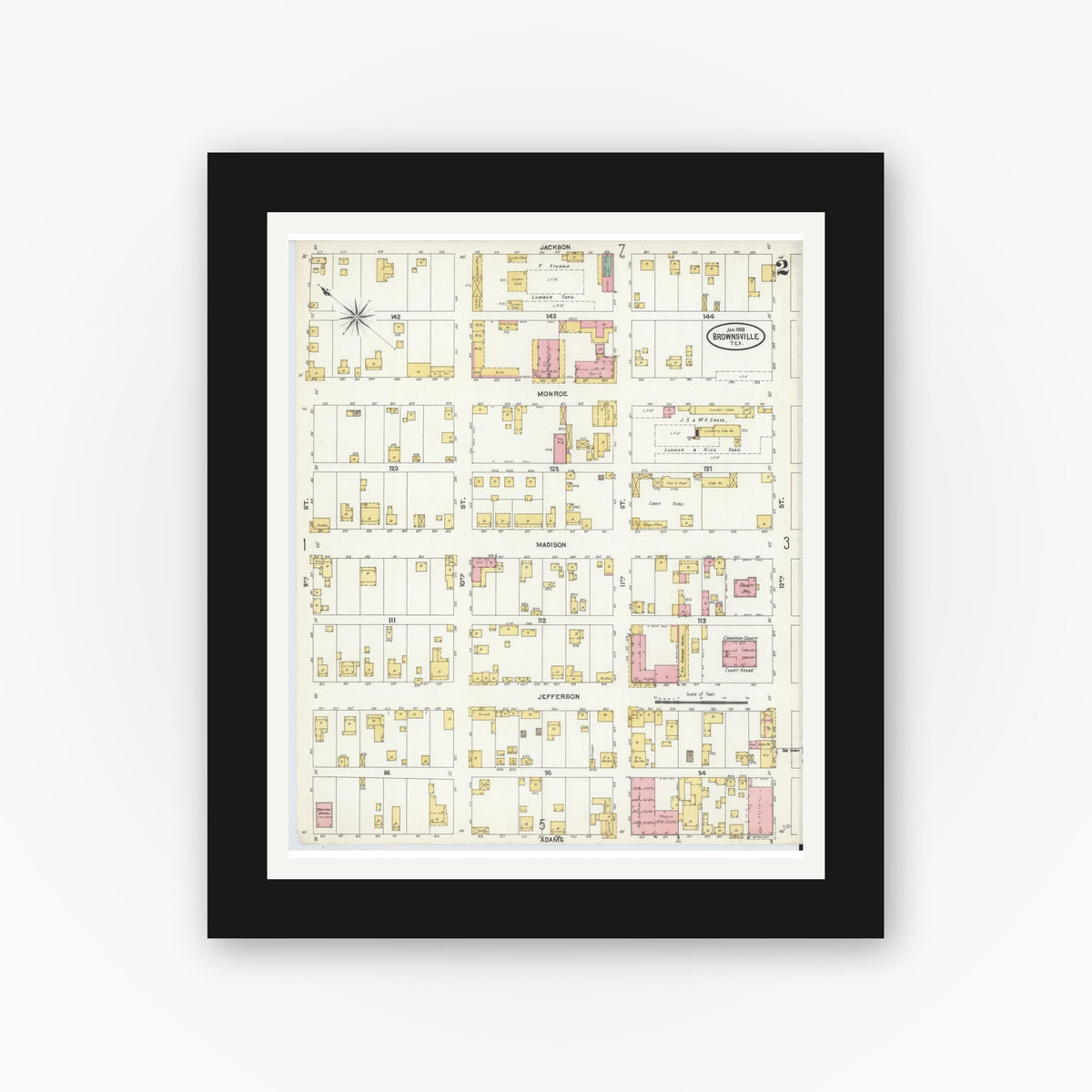 Old map wall art mockup — black gallery frame with white mat — Sanborn Fire Insurance Map from Brownsville, Cameron County, Texas (1906), Sheet #0002