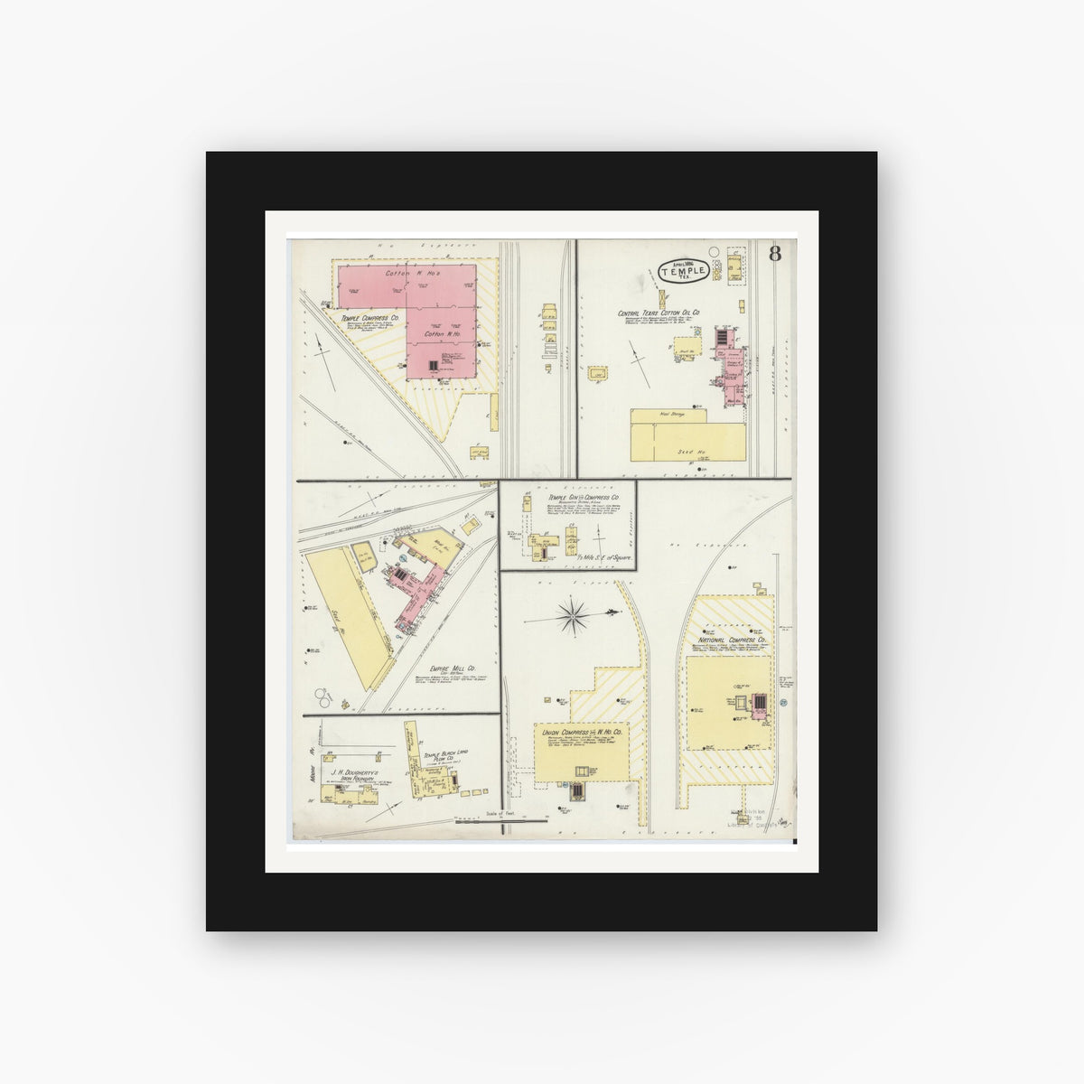 Old map wall art mockup — black gallery frame with white mat — Sanborn Fire Insurance Map from Temple, Bell County, Texas (1896), Sheet #0008