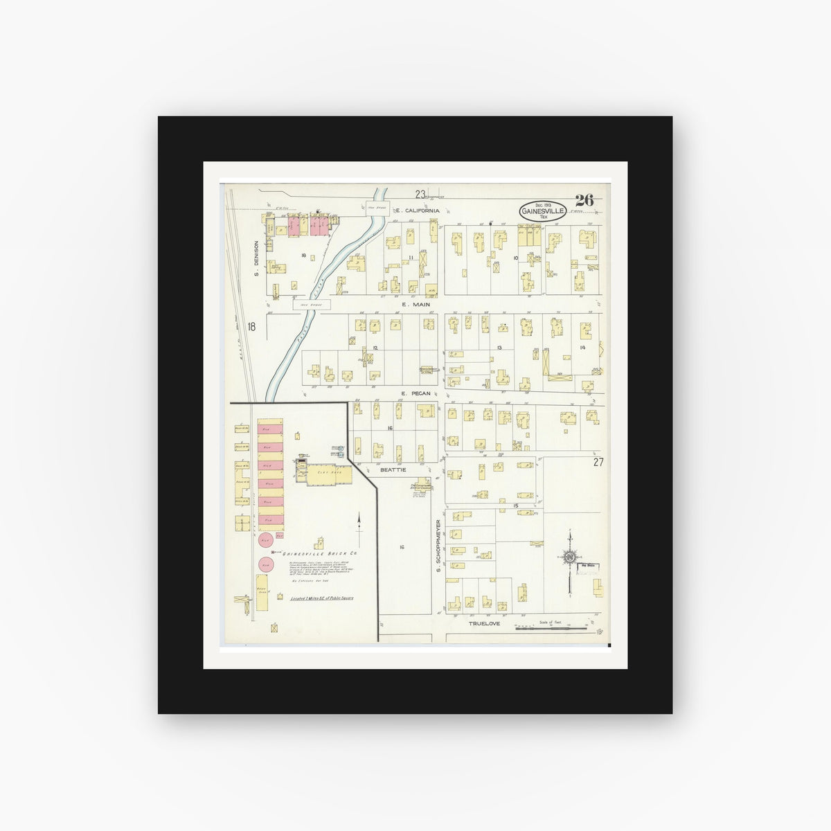 Old map wall art mockup — black gallery frame with white mat — Sanborn Fire Insurance Map from Gainesville, Cooke County, Texas (1913), Sheet #0026
