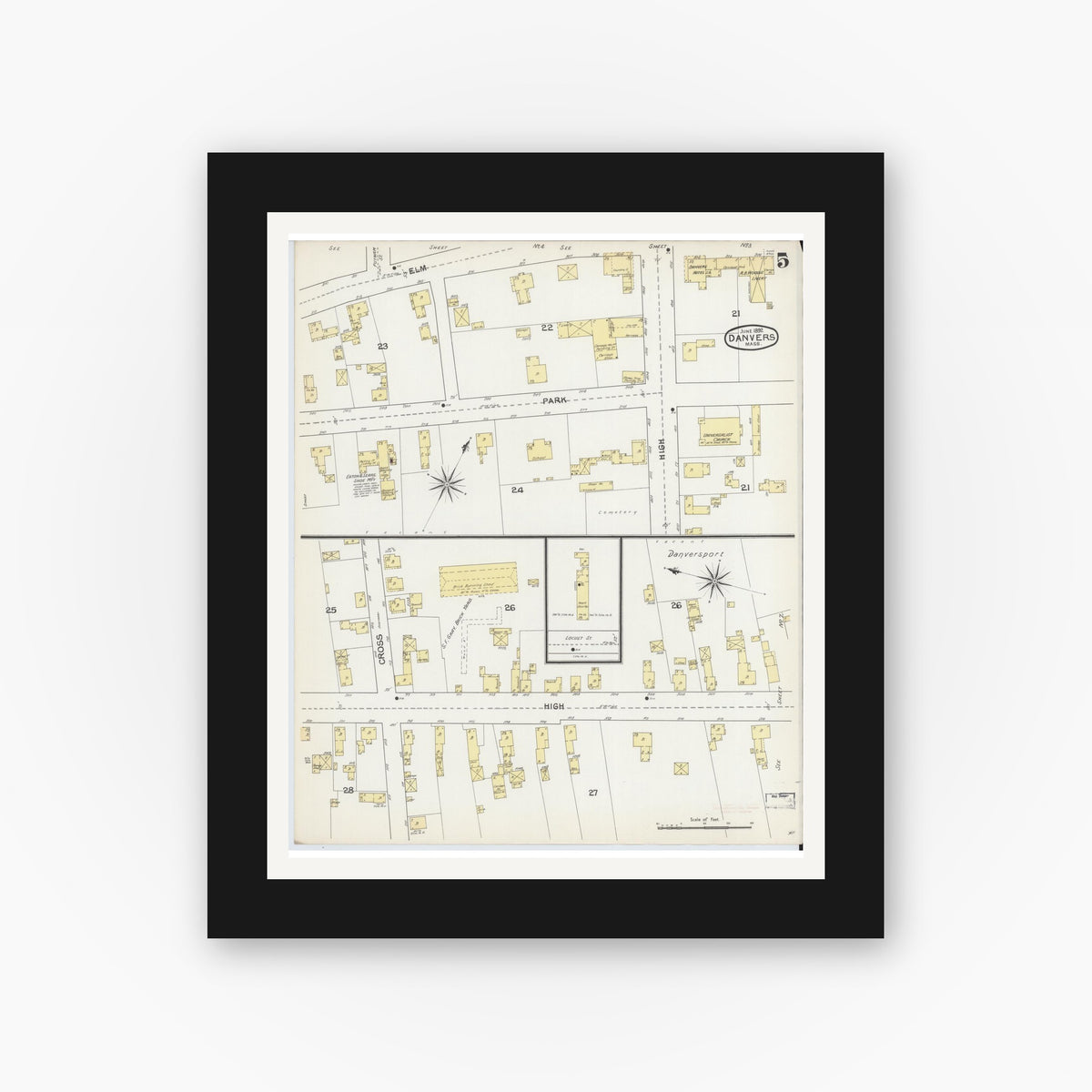 Old map wall art mockup — black gallery frame with white mat — Sanborn Fire Insurance Map from Danvers, Essex County, Massachusetts (1892), Sheet #0005