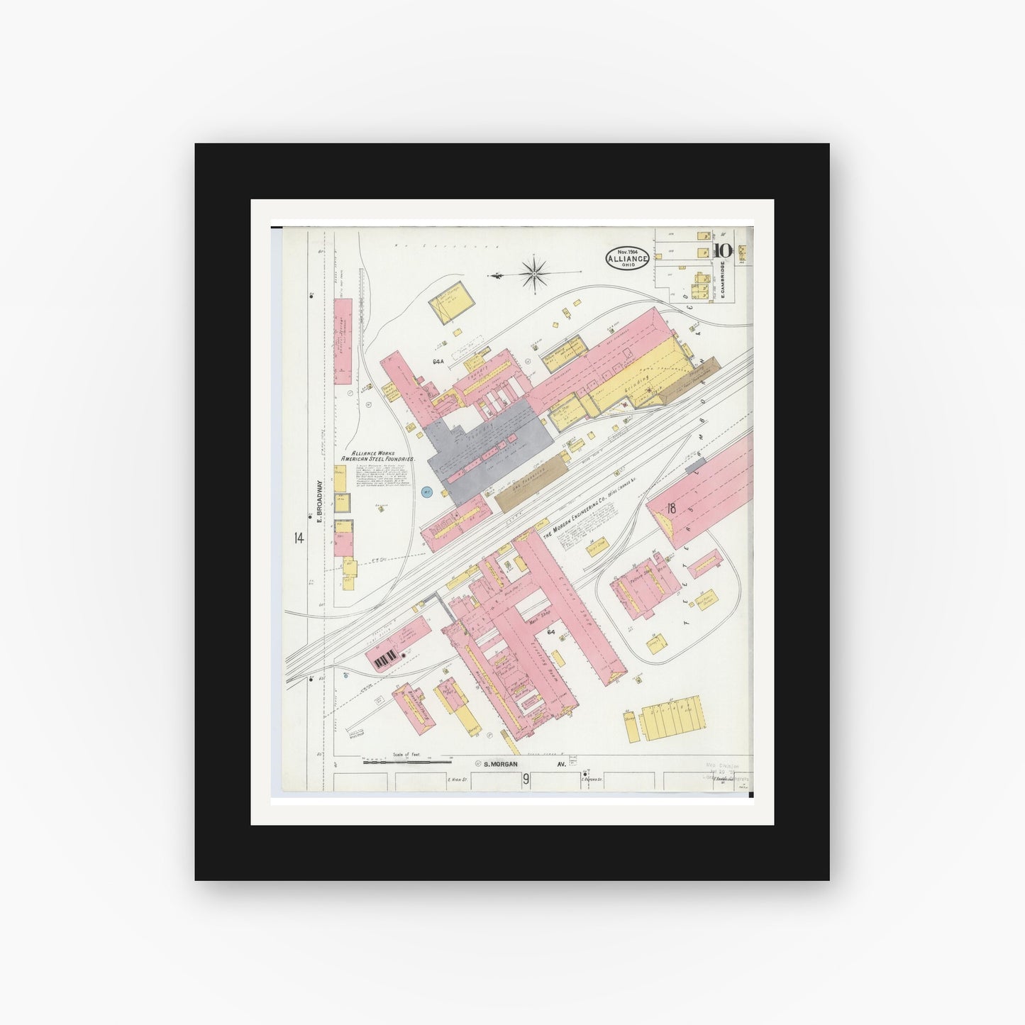 Old map wall art mockup — black gallery frame with white mat — Sanborn Fire Insurance Map from Alliance, Stark County, Ohio (1904), Sheet #0010
