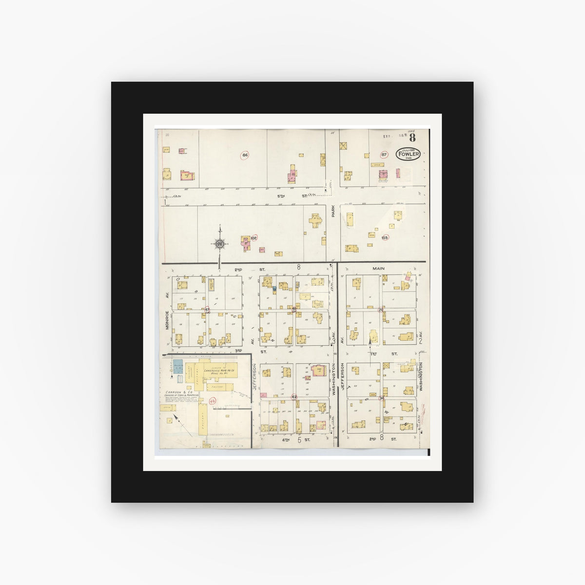 Old map wall art mockup β black gallery frame with white mat β Sanborn Fire Insurance Map from Fowler, Benton County, Indiana (1932), Sheet #0008