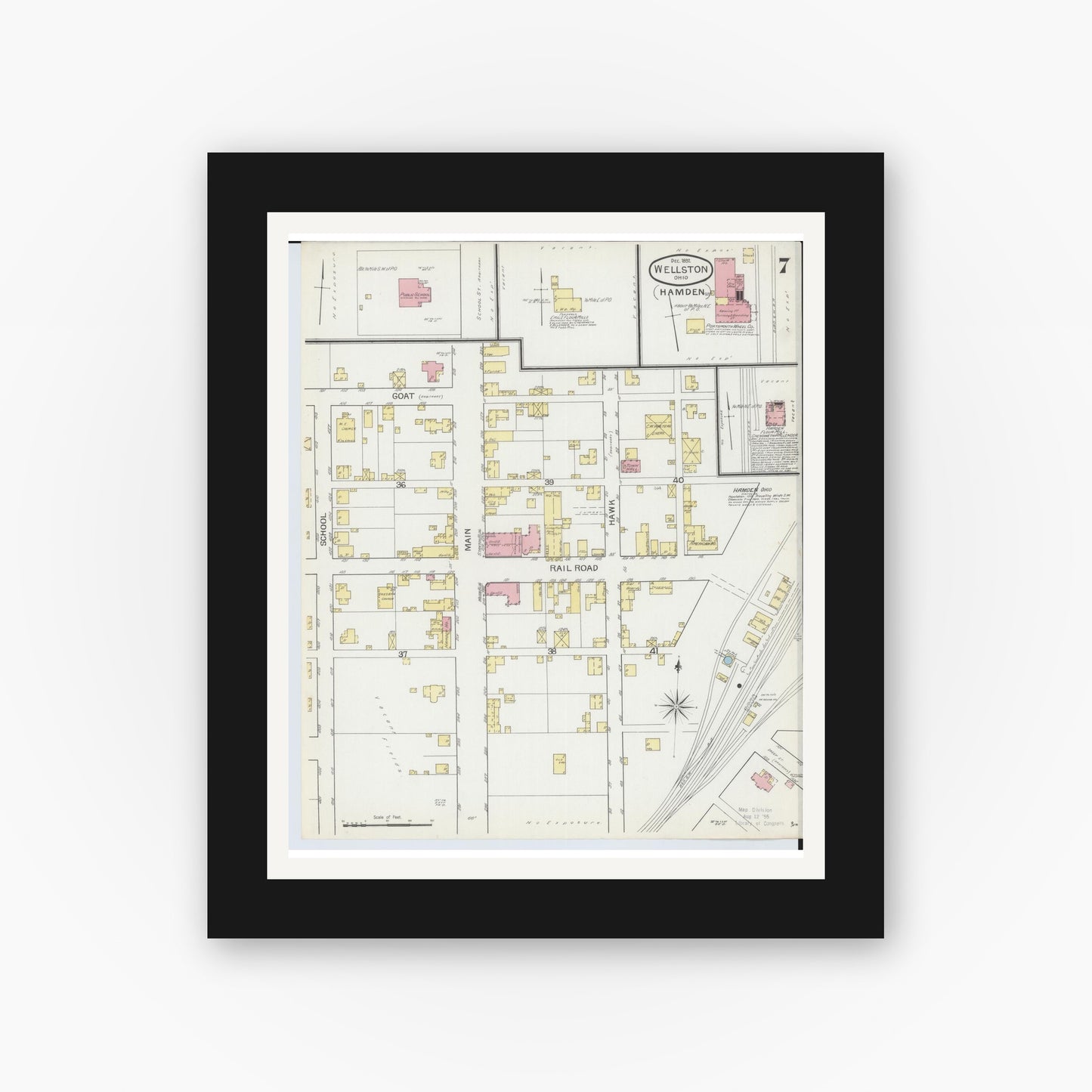 Old map wall art mockup — black gallery frame with white mat — Sanborn Fire Insurance Map from Wellston, Jackson County, Ohio (1892), Sheet #0007