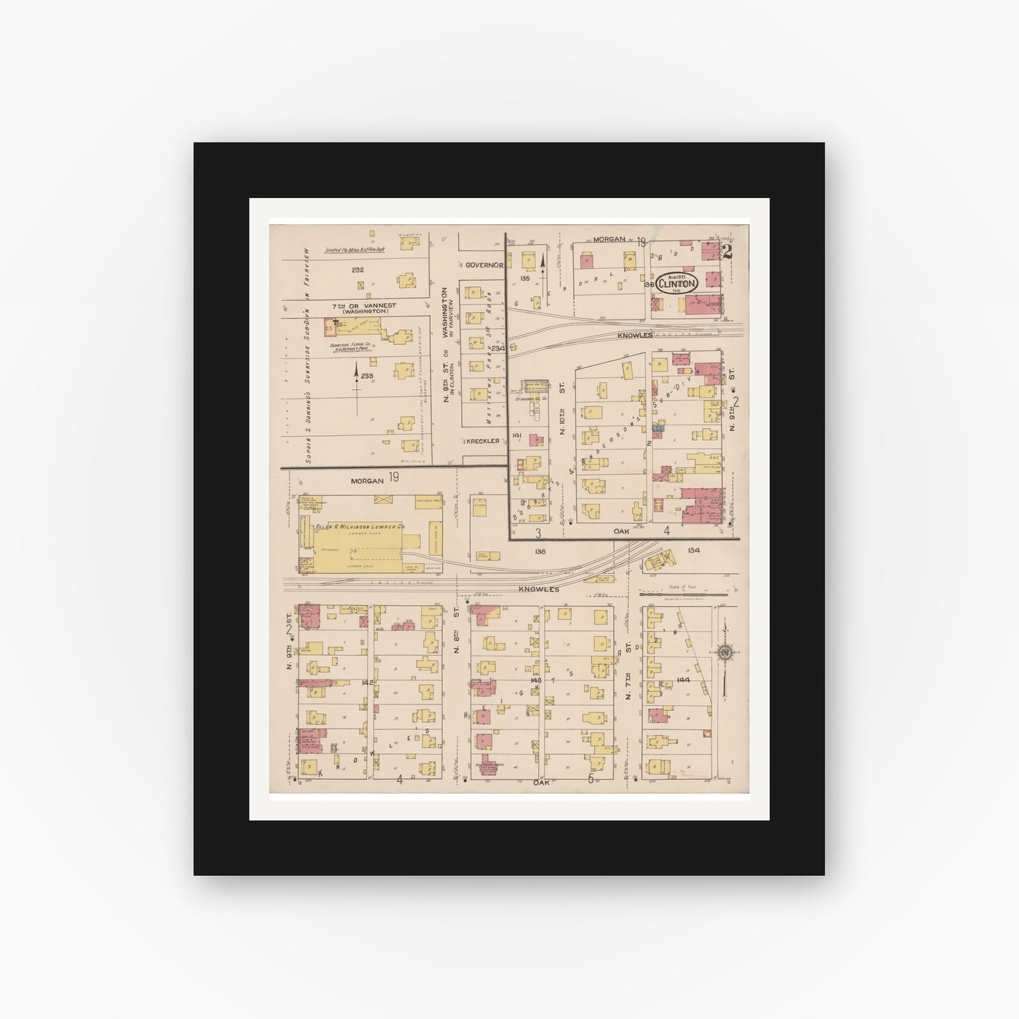 Old map wall art mockup — black gallery frame with white mat — Sanborn Fire Insurance Map from Clinton, Vermillion County, Indiana (1921), Sheet #0002