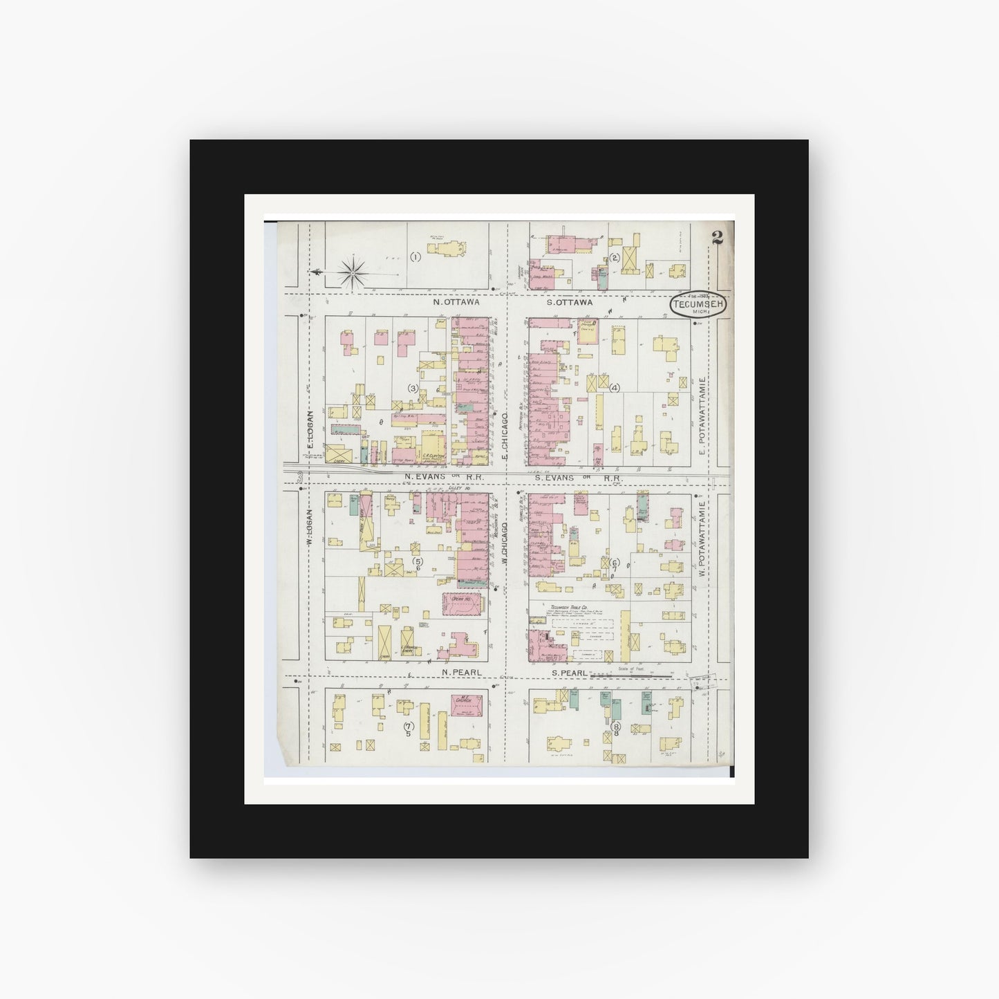 Old map wall art mockup — black gallery frame with white mat — Sanborn Fire Insurance Map from Tecumseh, Lenawee County, Michigan (1893), Sheet #0002