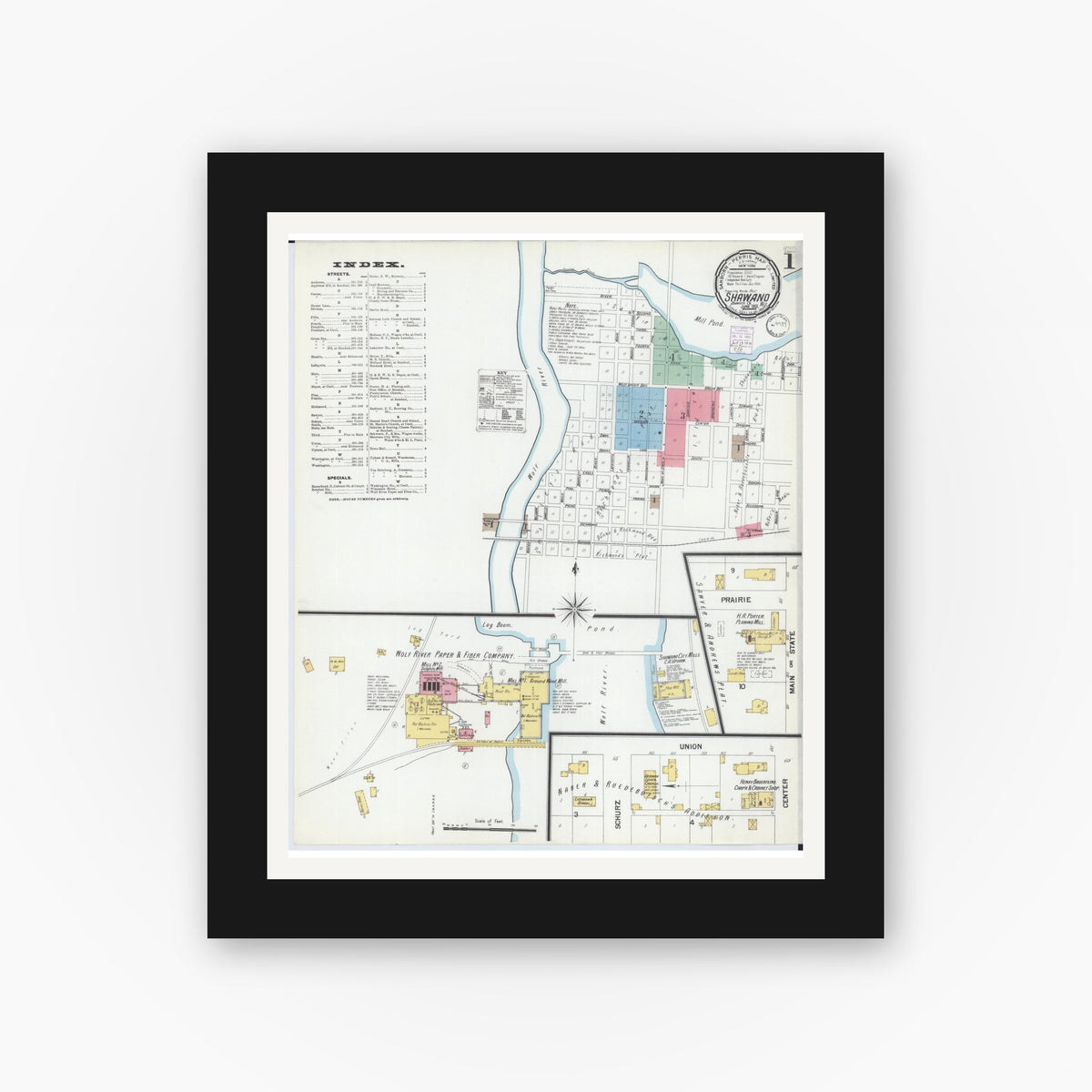 Old map wall art mockup — black gallery frame with white mat — Sanborn Fire Insurance Map from Shawano, Shawano County, Wisconsin (1901) - Complete Map Set