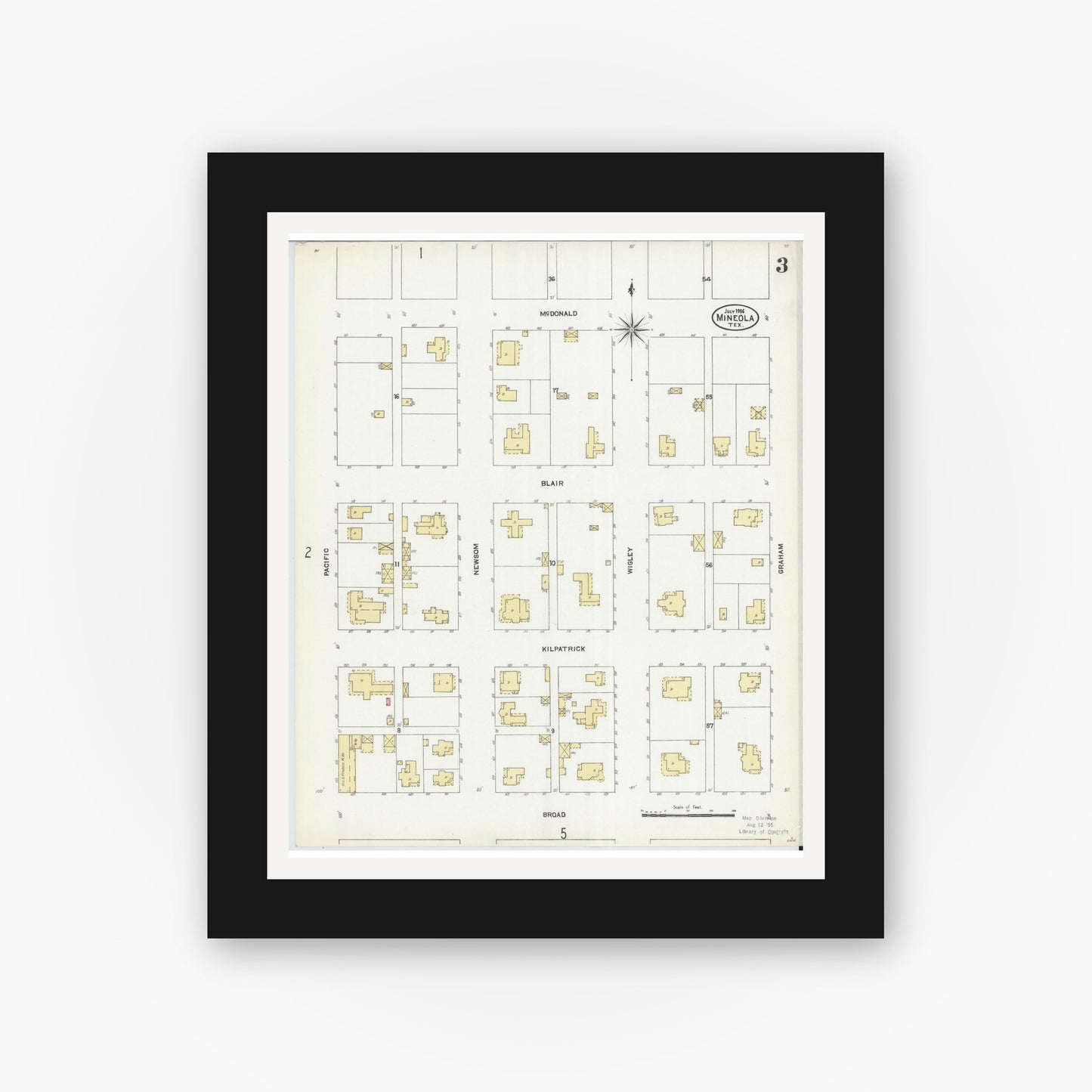 Old map wall art mockup — black gallery frame with white mat — Sanborn Fire Insurance Map from Mineola, Wood County, Texas (1906), Sheet #0003