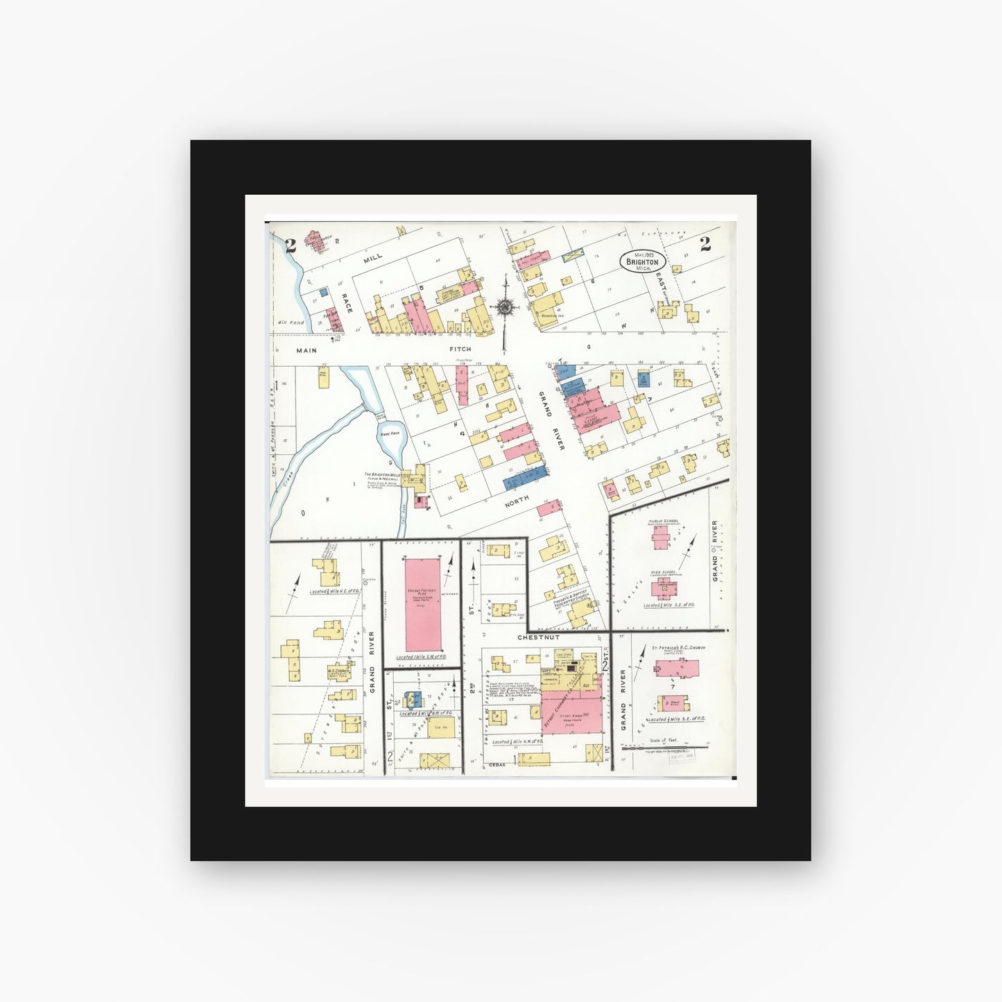 Old map wall art mockup — black gallery frame with white mat — Sanborn Fire Insurance Map from Brighton, Livingston County, Michigan (1923), Sheet #0002