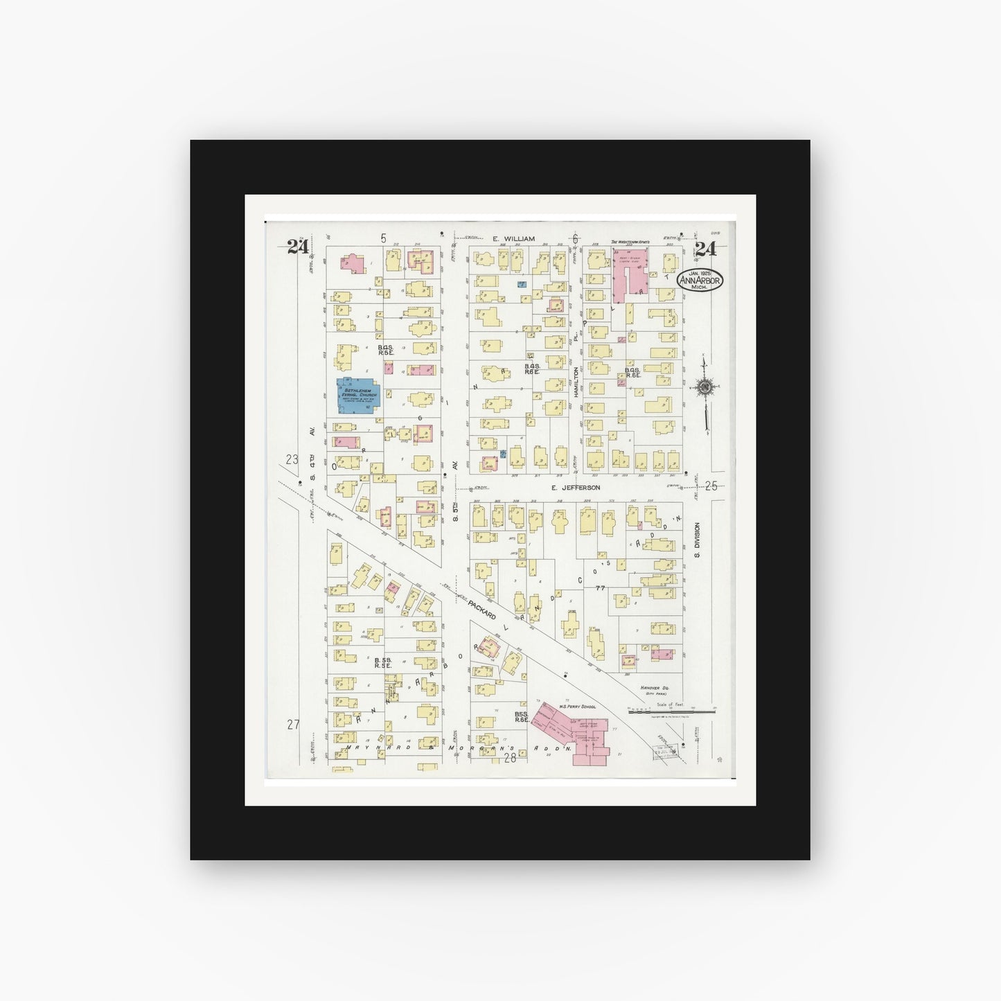 Old map wall art mockup — black gallery frame with white mat — Sanborn Fire Insurance Map from Ann Arbor, Washtenaw County, Michigan (1925), Sheet #0024