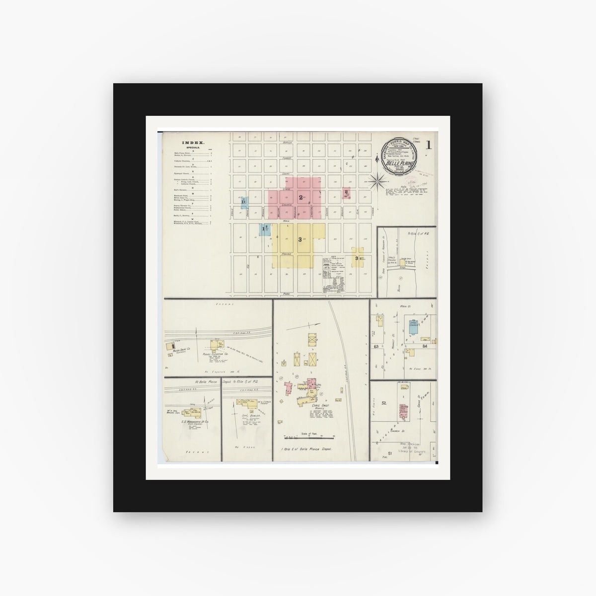 Old map wall art mockup — black gallery frame with white mat — Sanborn Fire Insurance Map from Belle Plaine, Scott County, Minnesota (1894) - Complete Map Set