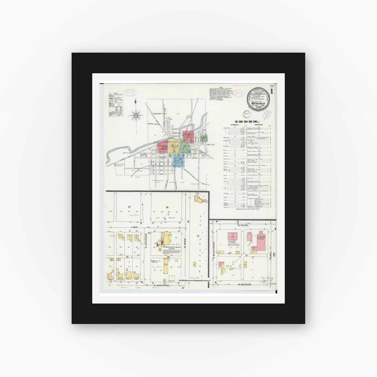 Old map wall art mockup — black gallery frame with white mat — Sanborn Fire Insurance Map from Wapakoneta, Auglaize County, Ohio (1899), Sheet #0001