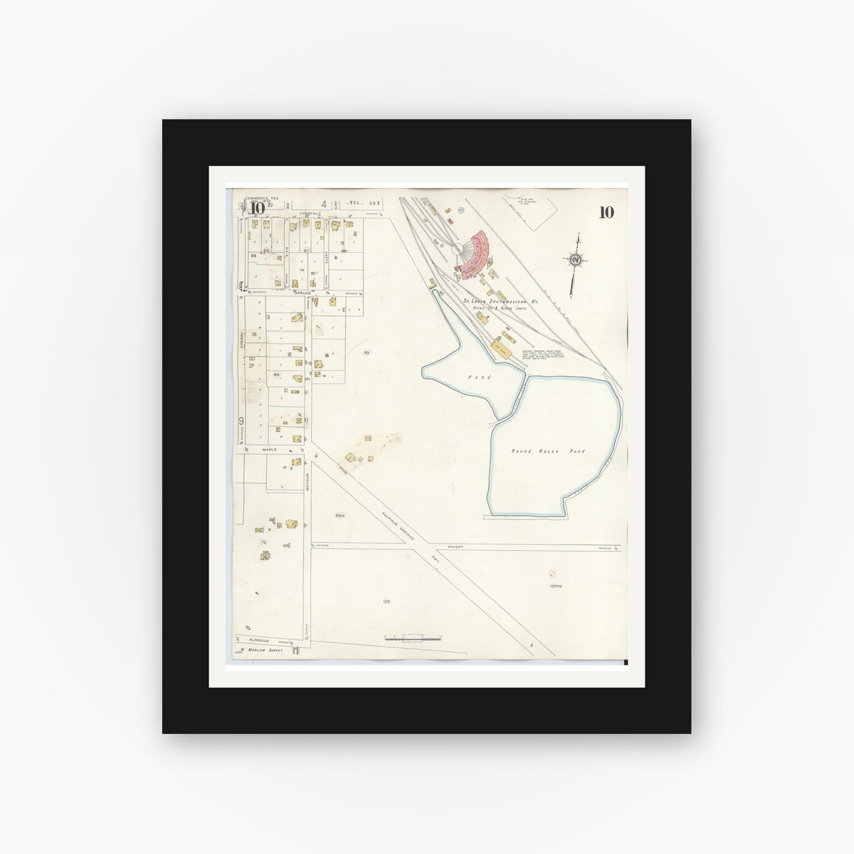 Old map wall art mockup — black gallery frame with white mat — Sanborn Fire Insurance Map from Commerce, Hunt County, Texas (1940), Sheet #0010