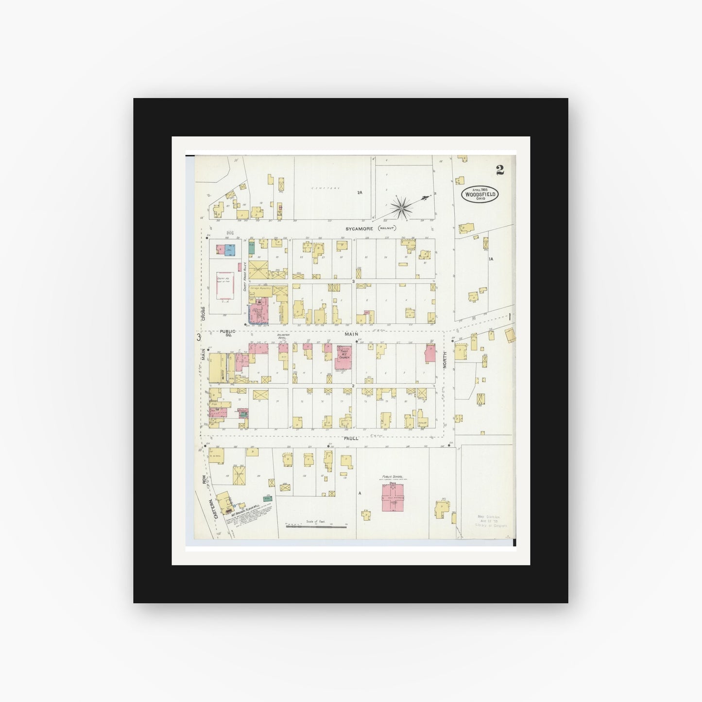 Old map wall art mockup — black gallery frame with white mat — Sanborn Fire Insurance Map from Woodsfield, Monroe County, Ohio (1905), Sheet #0002