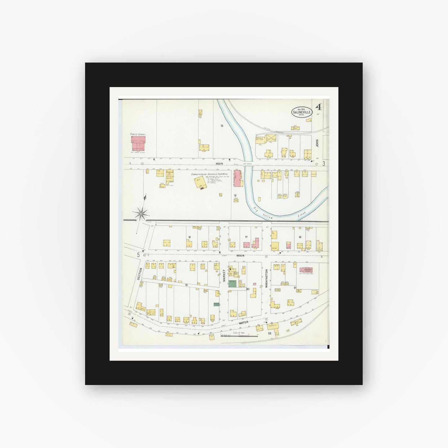 Old map wall art mockup — black gallery frame with white mat — Sanborn Fire Insurance Map from Salineville, Columbiana County, Ohio (1902), Sheet #0004