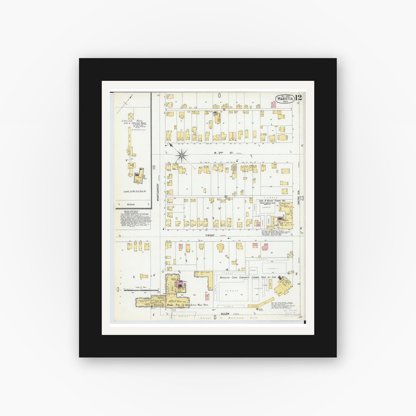 Old map wall art mockup — black gallery frame with white mat — Sanborn Fire Insurance Map from Marietta, Washington County, Ohio (1900), Sheet #0012