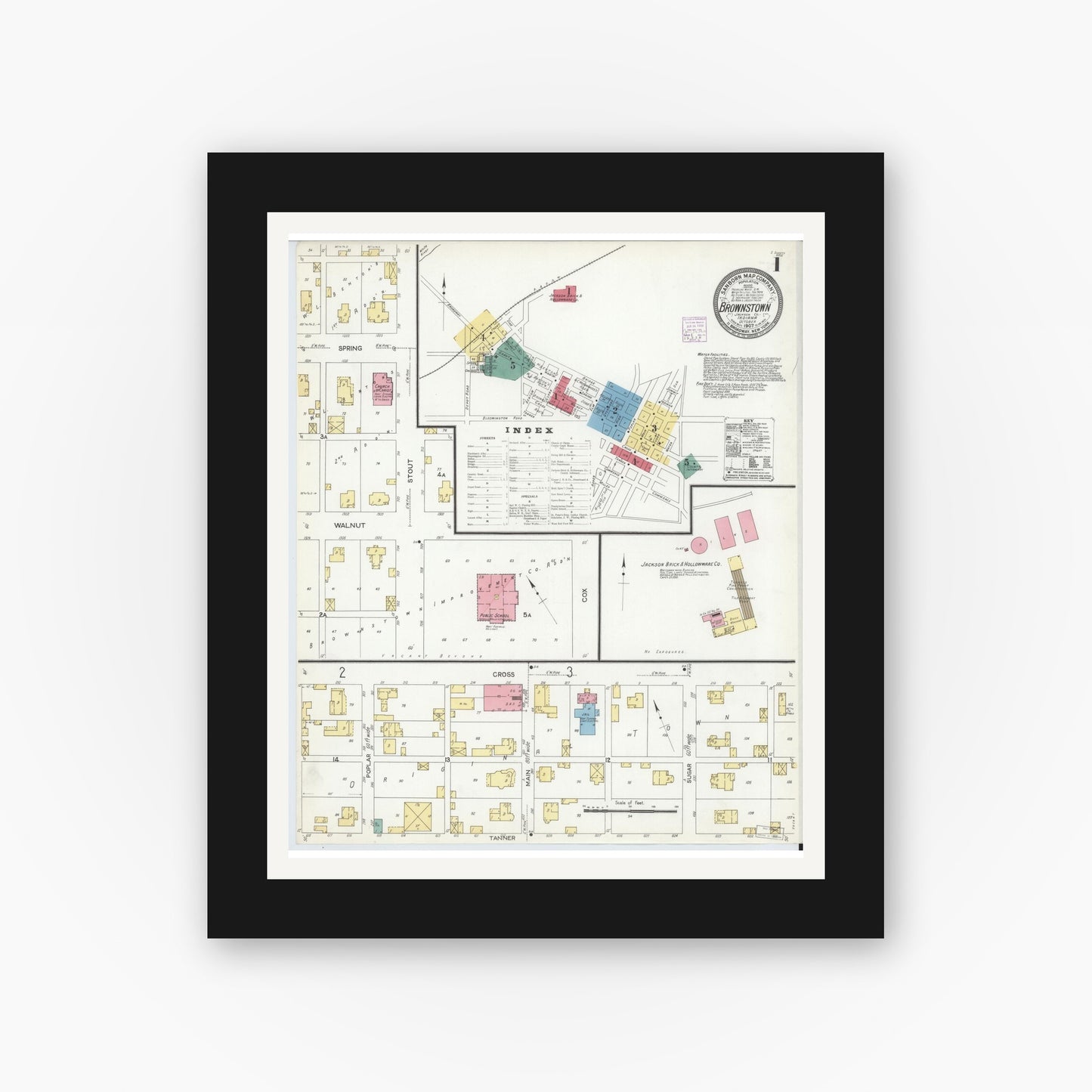 Old map wall art mockup — black gallery frame with white mat — Sanborn Fire Insurance Map from Brownstown, Jackson County, Indiana (1907) - Complete Map Set