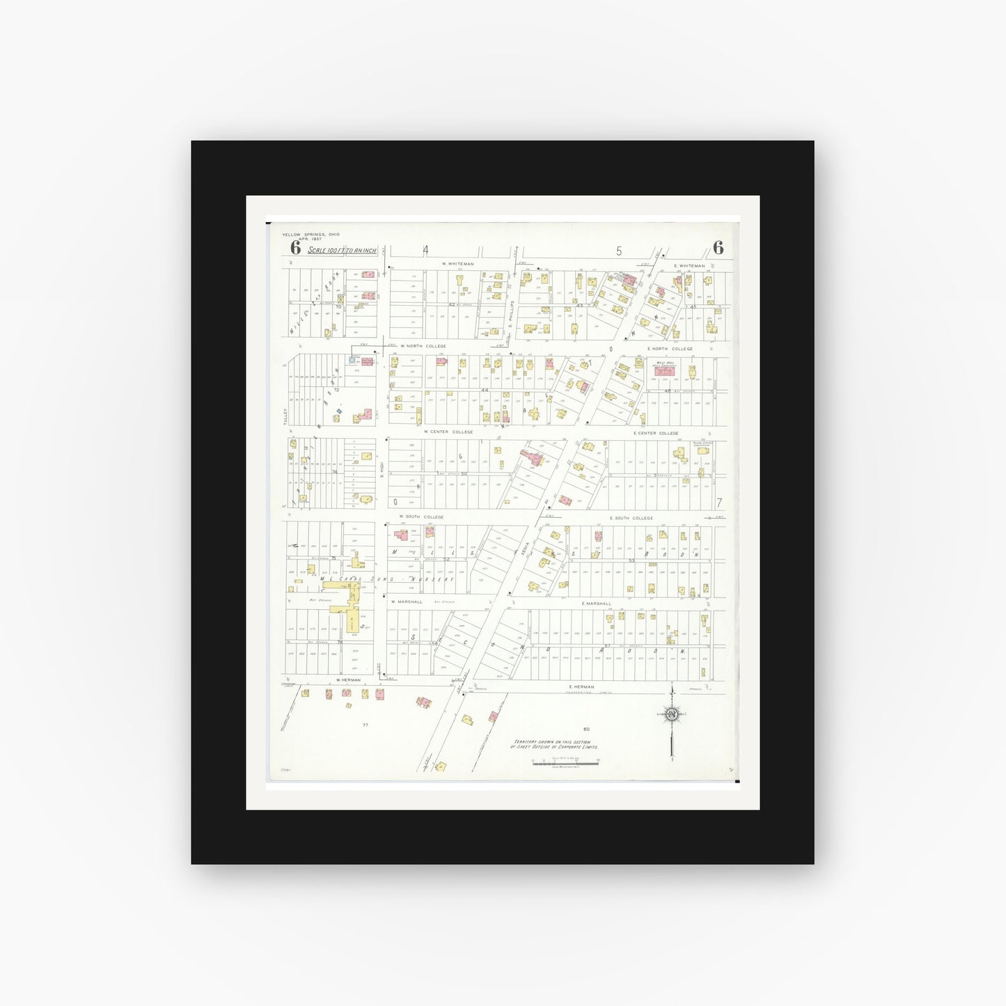 Old map wall art mockup — black gallery frame with white mat — Sanborn Fire Insurance Map from Yellow Springs, Greene County, Ohio (1937), Sheet #0006