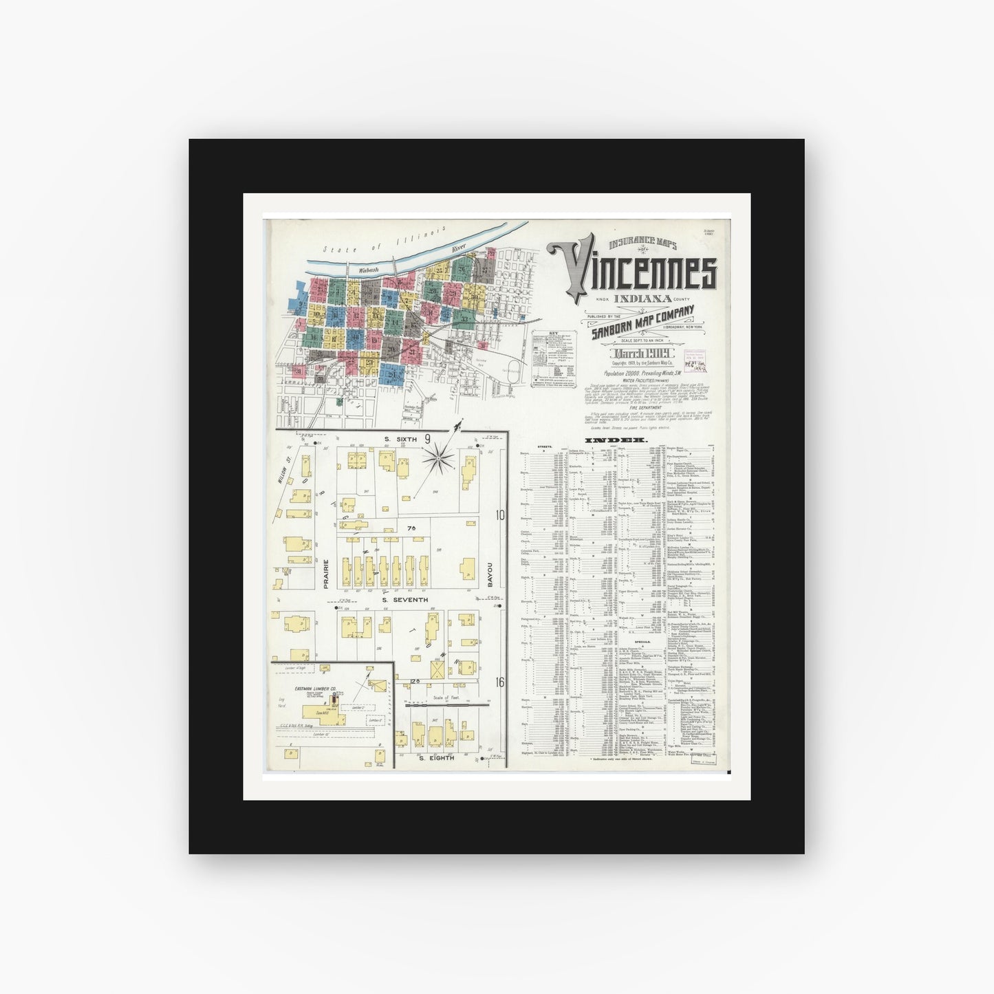 Old map wall art mockup — black gallery frame with white mat — Sanborn Fire Insurance Map from Vincennes, Knox County, Indiana (1909) - Complete Map Set