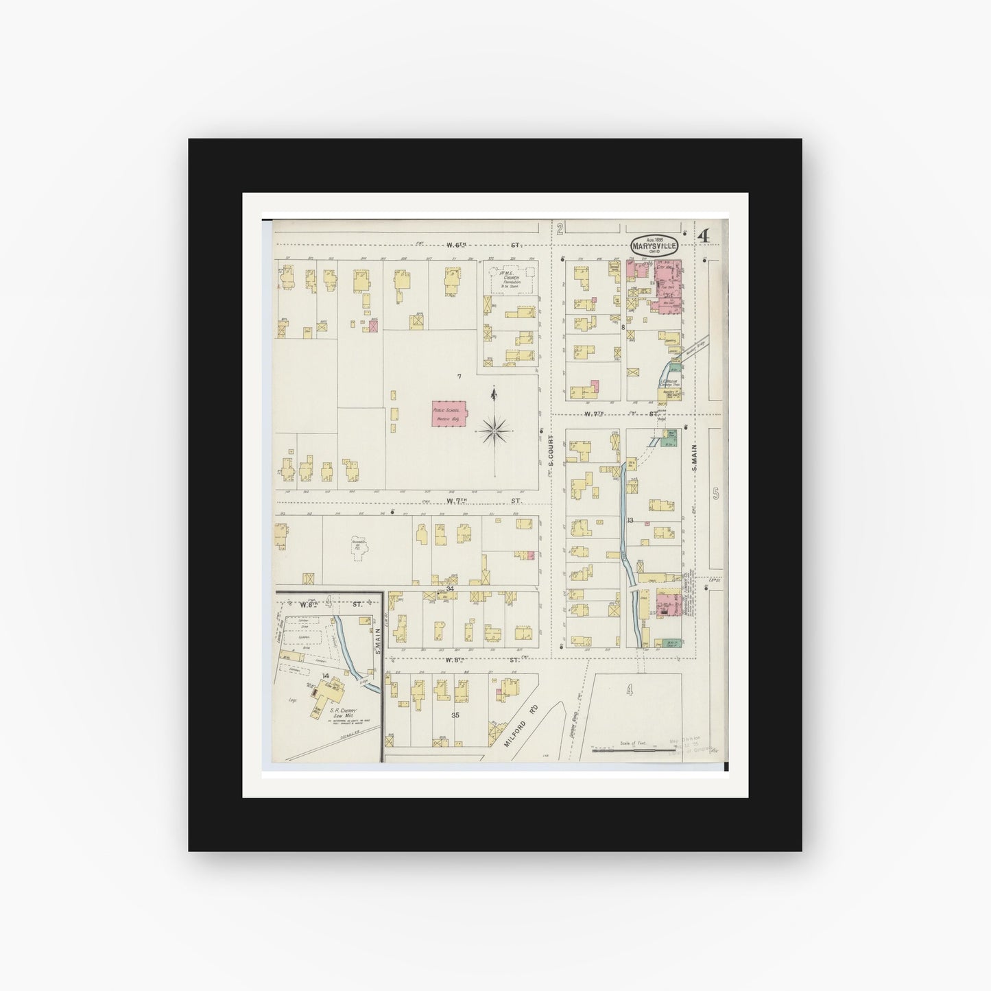 Old map wall art mockup — black gallery frame with white mat — Sanborn Fire Insurance Map from Marysville, Union County, Ohio (1895), Sheet #0004